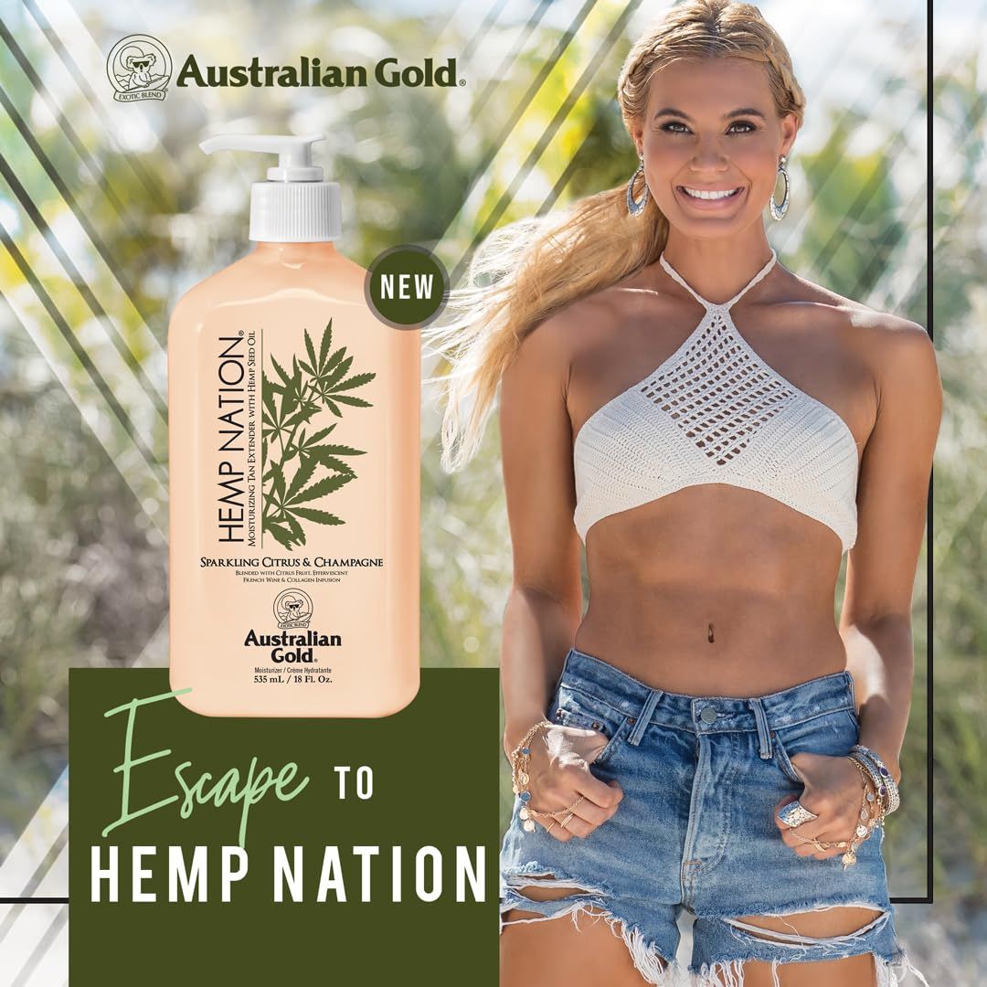 Flacone di lozione Hemp Nation, Agrumi frizzanti & Champagne. Donna sullo sfondo.