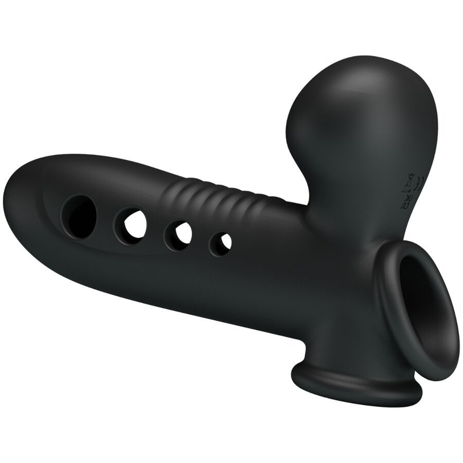 Anello per pene nero con corpo cavo, scanalature e marchio CE.