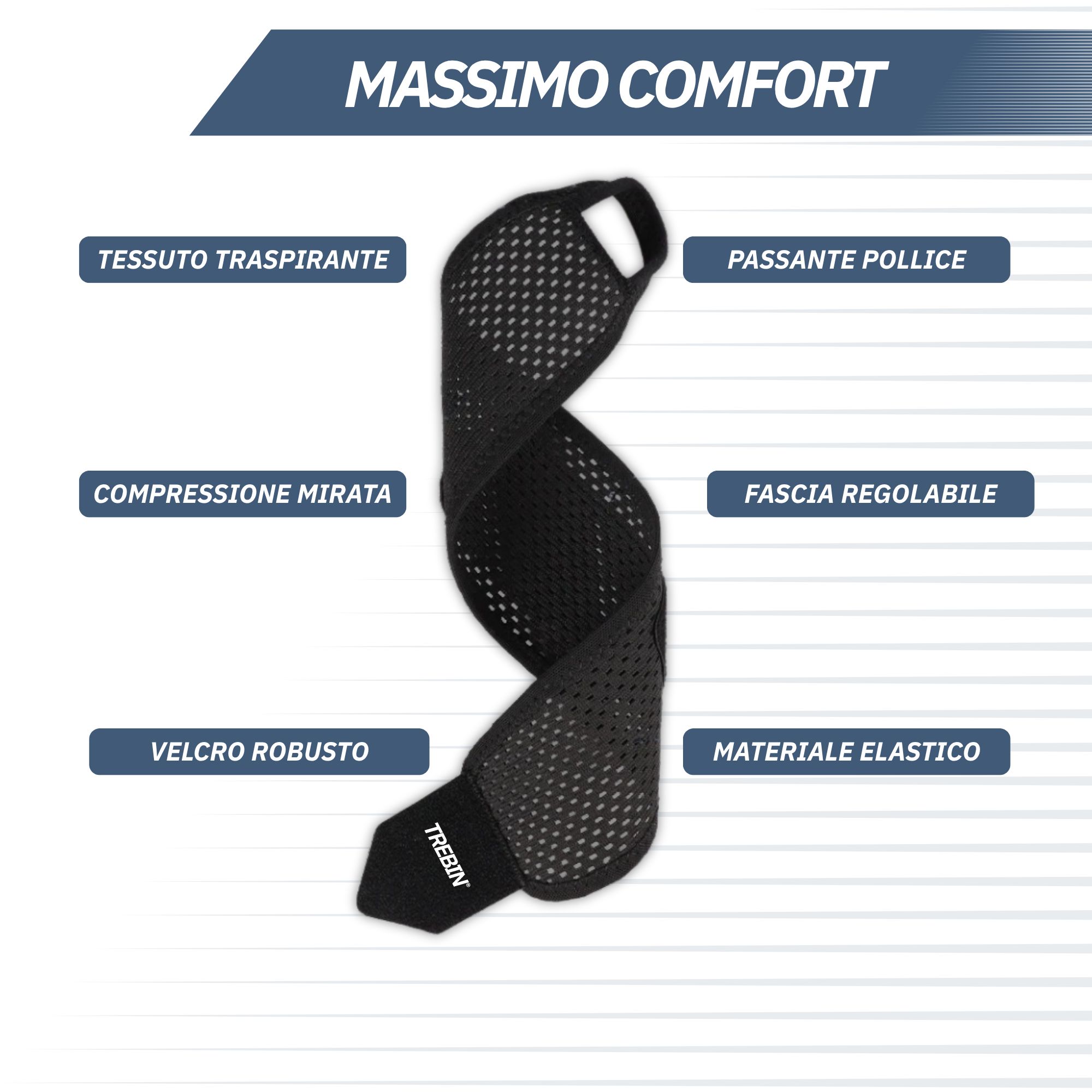 Stabilizzatore nero per polso e pollice, tessuto traspirante, chiusura velcro regolabile.