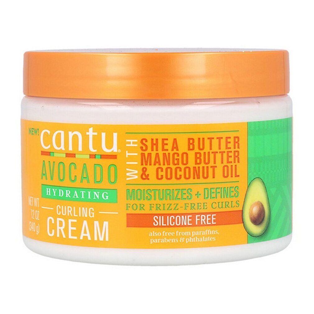 Barattolo di crema Cantu Avocado Hydrating Curling Cream. Contiene burro di karitè, mango e olio di cocco. Senza silicone.