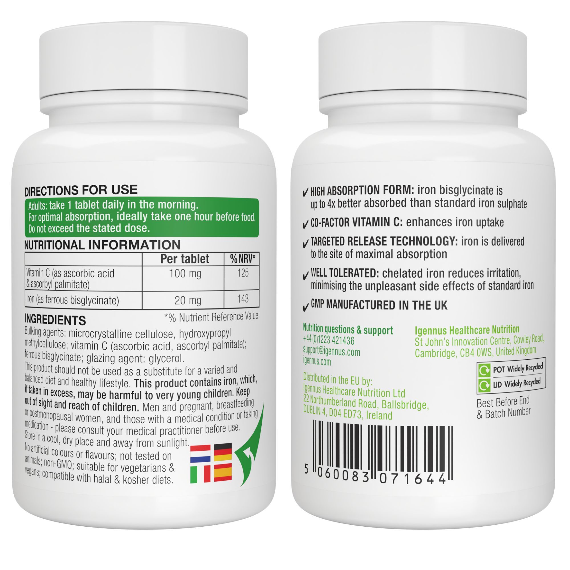 Fronte e retro del flacone di Igennus Iron Bisglycinate con dettagli e codice a barre.