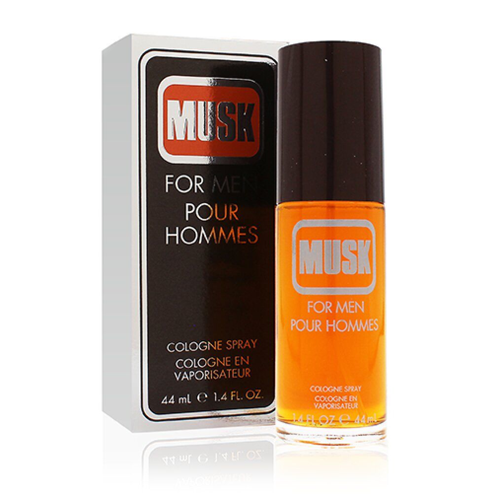 Coty Musk per uomo Eau de Cologne Spray. Flacone e confezione. Tappo marrone, liquido arancione. Testo: Musk, For Men, Cologne Spray.