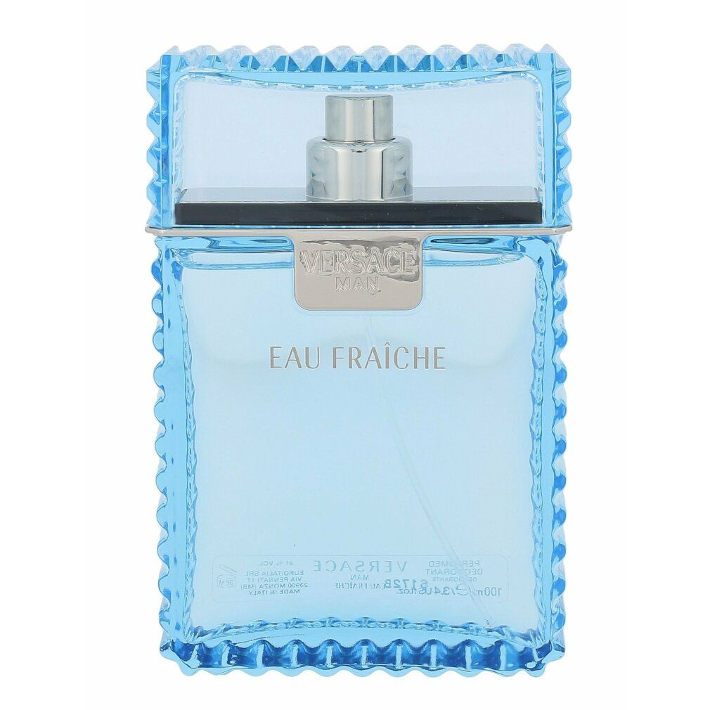 Spray deodorante azzurro. Scritta: Versace Man Eau Fraiche. Flacone con bordi smerlati.