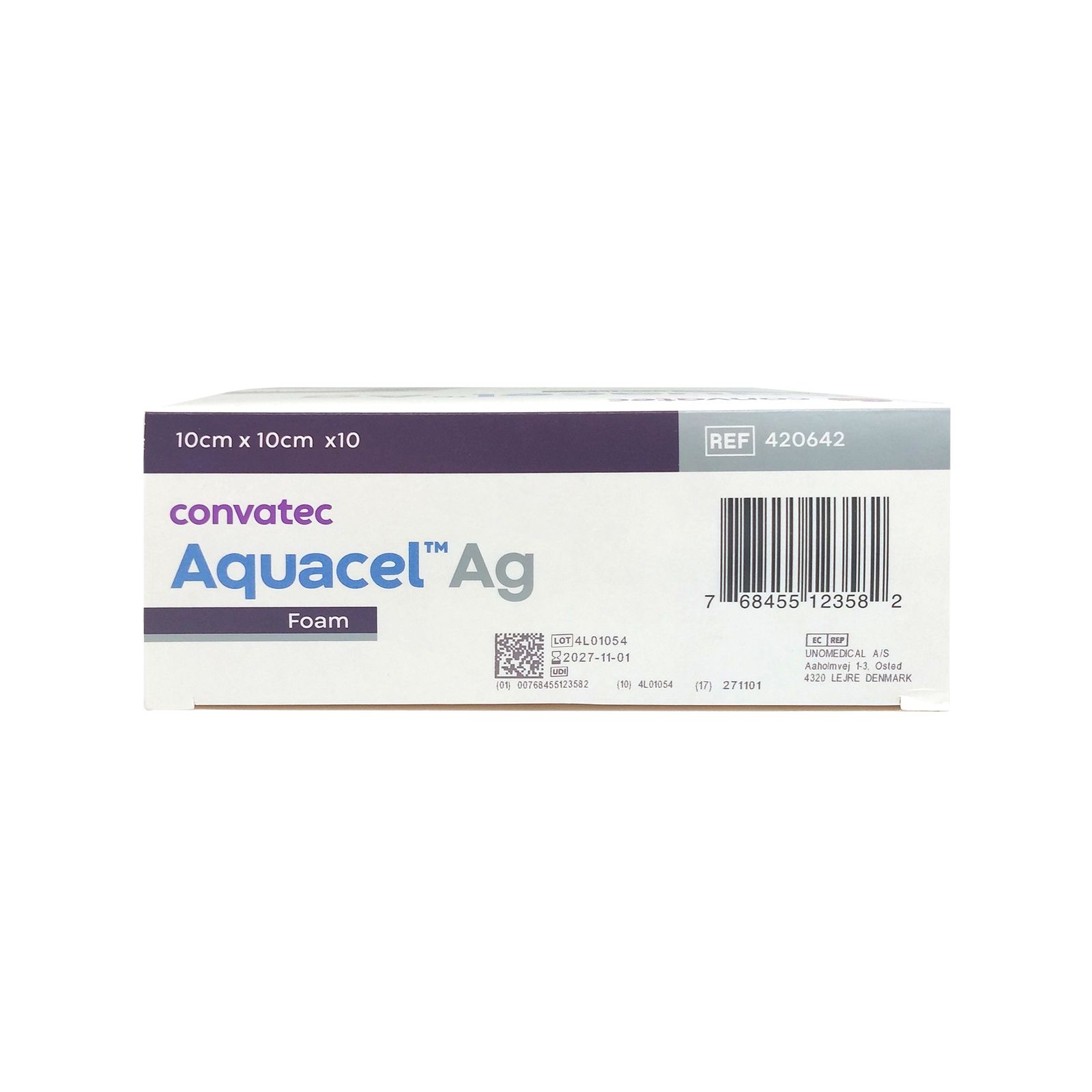 Vista laterale della confezione AQUACEL Ag Foam, 10x10 cm. Con codice a barre e numero di riferimento.