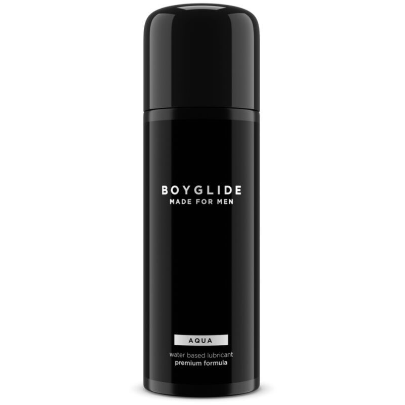 Flacone nero con etichetta argentata. Mostra "BOYGLIDE MADE FOR MEN AQUA water based lubricant premium formula".