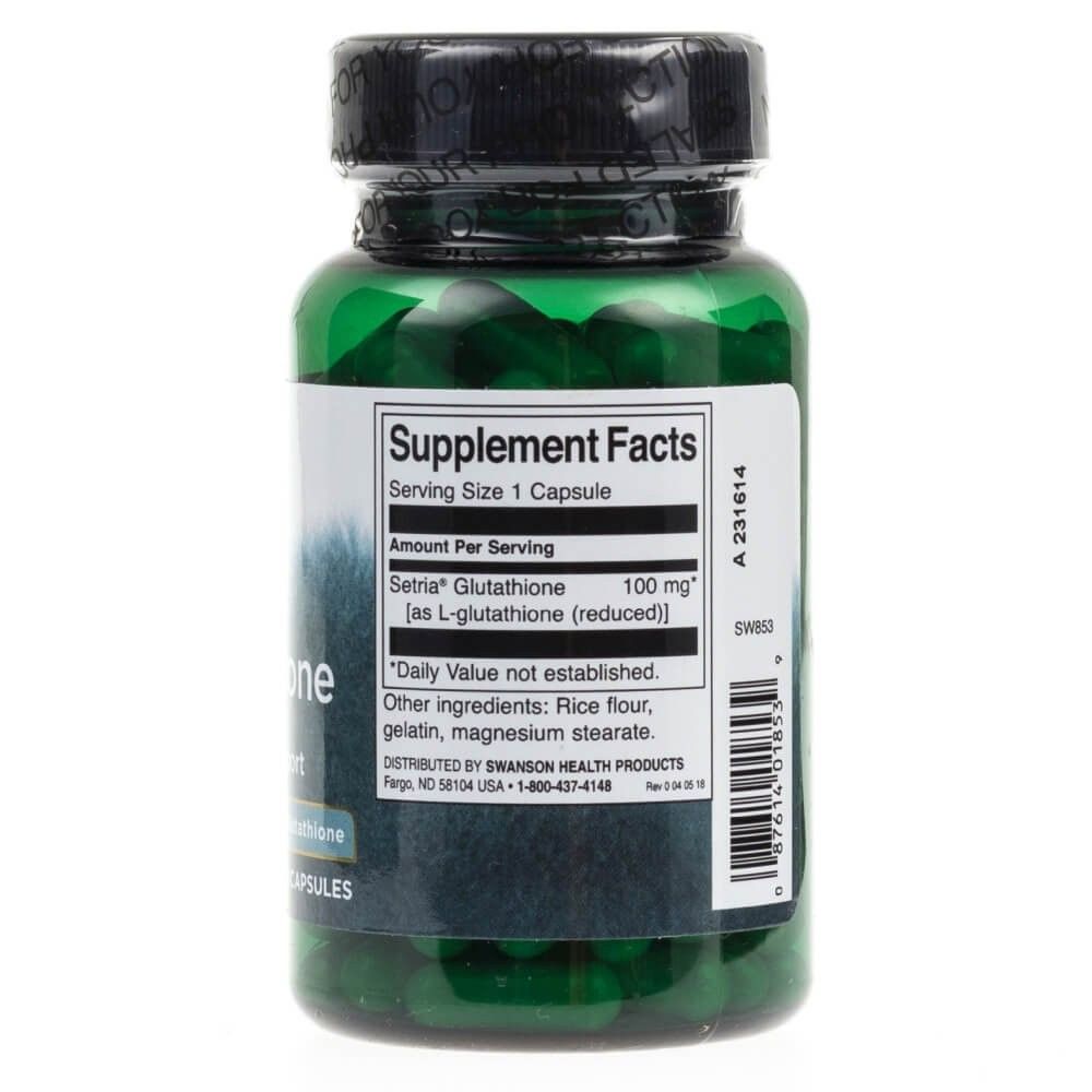 Contenitore verde per capsule con tappo nero. Il retro mostra 'Supplement Facts' con 100 mg di L-Glutatione per capsula.