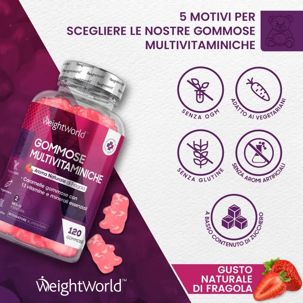 WeightWorld Gommose Multivitaminiche. 120 caramelle gommose. 13 vitamine e minerali. Gusto fragola. Vantaggi.