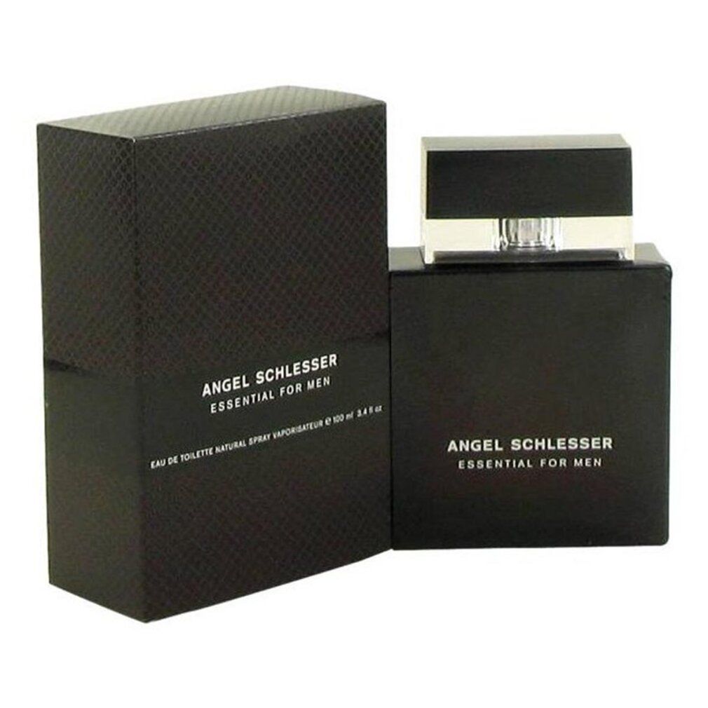 Flacone e scatola neri. Scritta: Angel Schlesser Essential For Men. Eau de Toilette Spray.