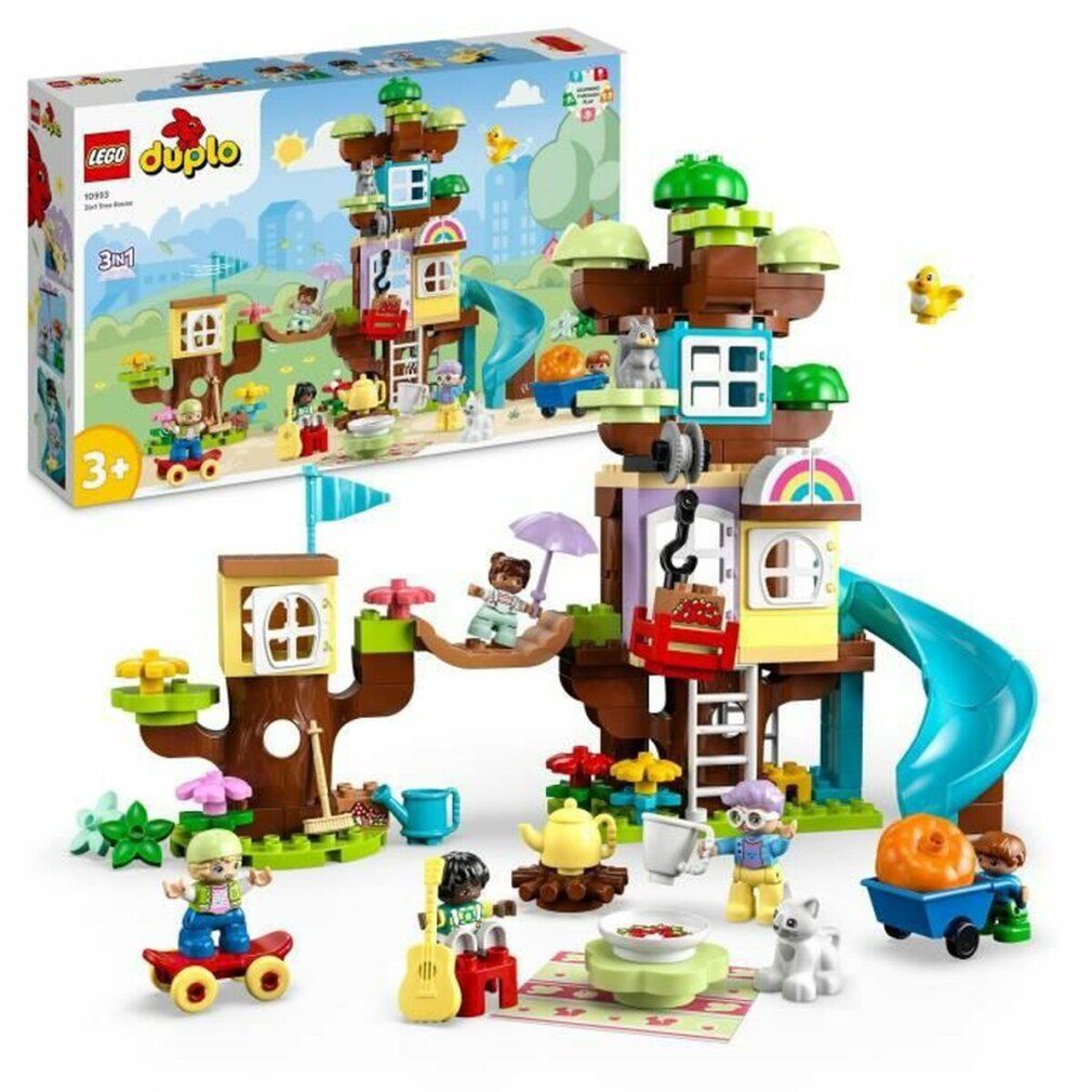 Set LEGO Duplo 3-in-1 Casa sull'albero. Casa con scivolo, personaggi e accessori. Confezione sullo sfondo.