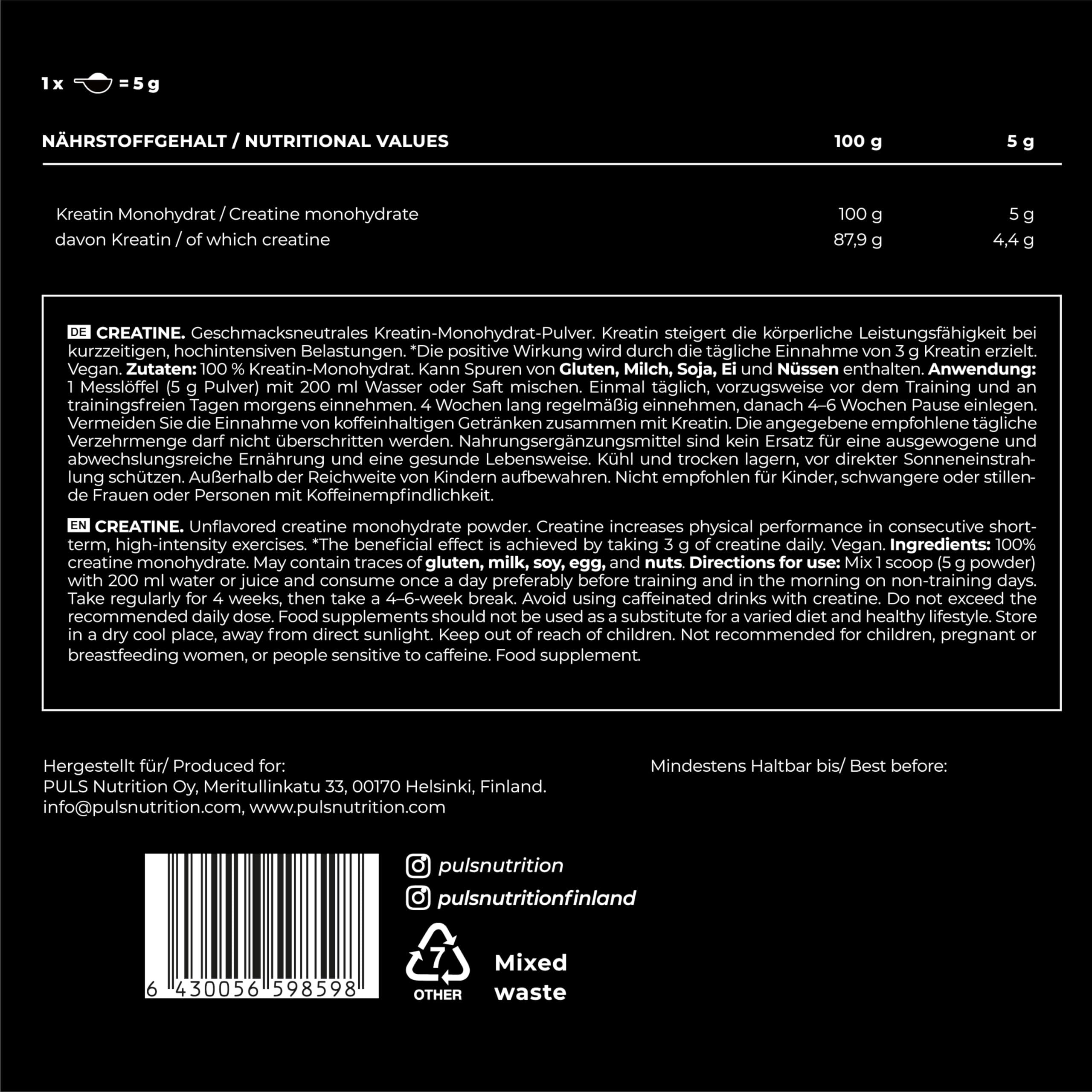 Tabella nutrizionale. Contiene creatina monoidrato. Contiene anche informazioni sugli ingredienti e le istruzioni per l'uso.