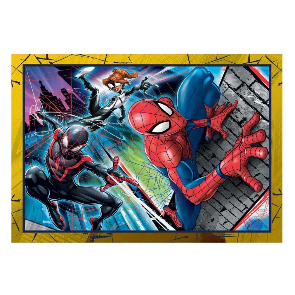 Puzzle con illustrazioni di Spiderman. Cornice gialla. Personaggi in azione.
