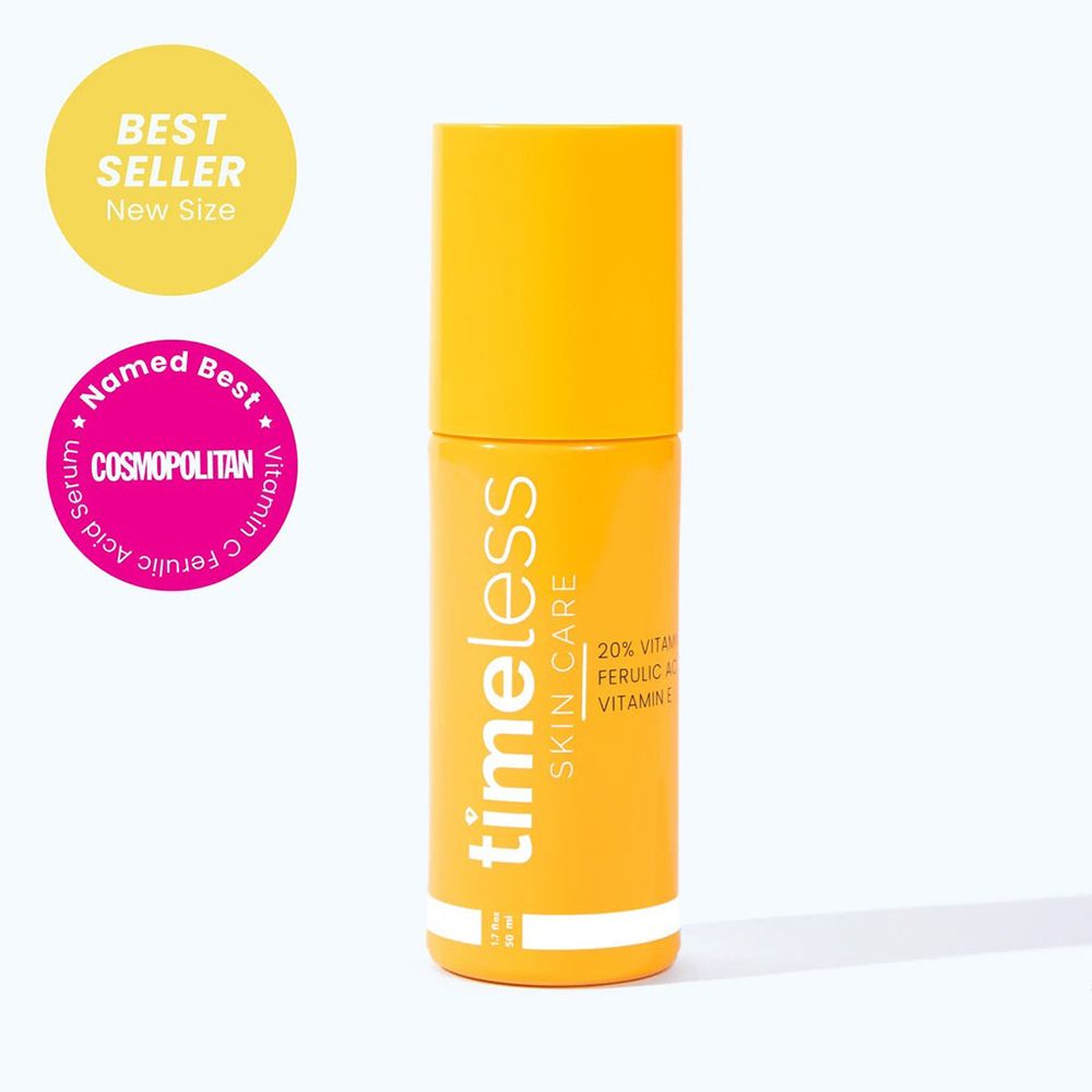 Flacone giallo con etichetta bianca. Scritta: timeless skin care. Contiene 20% vitamina C, acido ferulico, vitamina E. Con riconoscimenti.