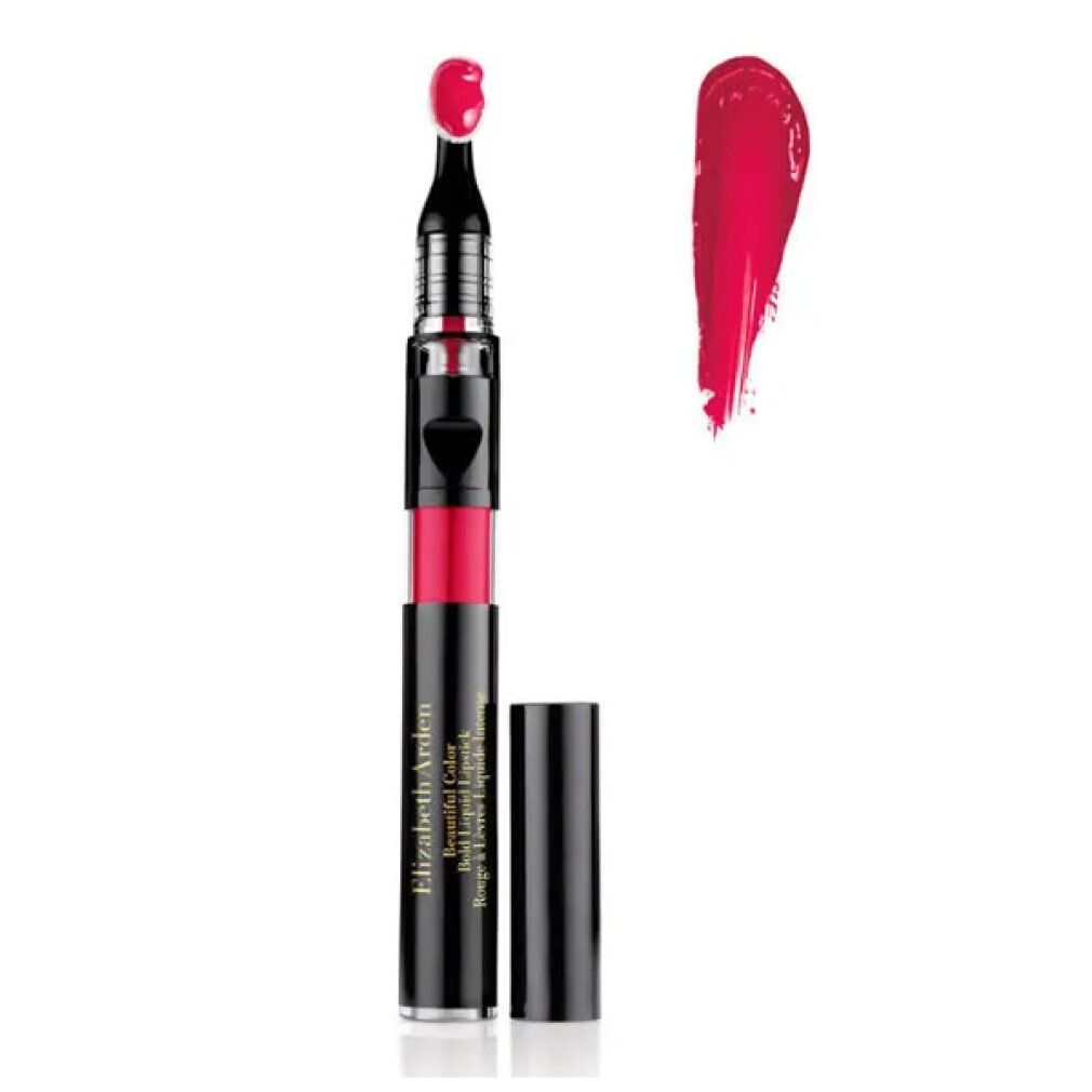 Un rossetto nero aperto con liquido rosso e applicatore. Accanto, una striscia di rossetto rosso. Scritta: Elizabeth Arden.