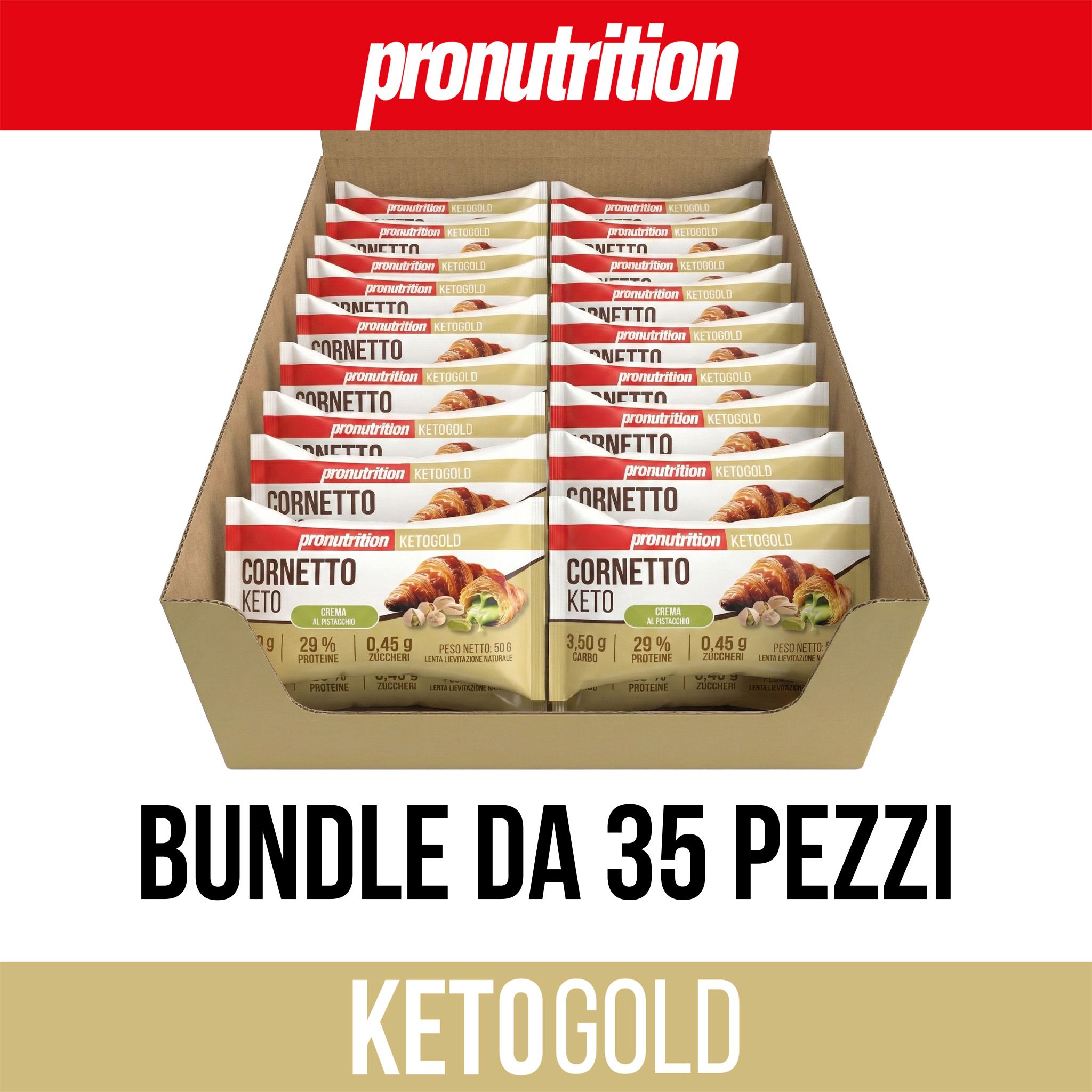 Scatola con 35 Pronutrition Cornetto Keto. Scritto: Bundle da 35 pezzi. Keto Gold.