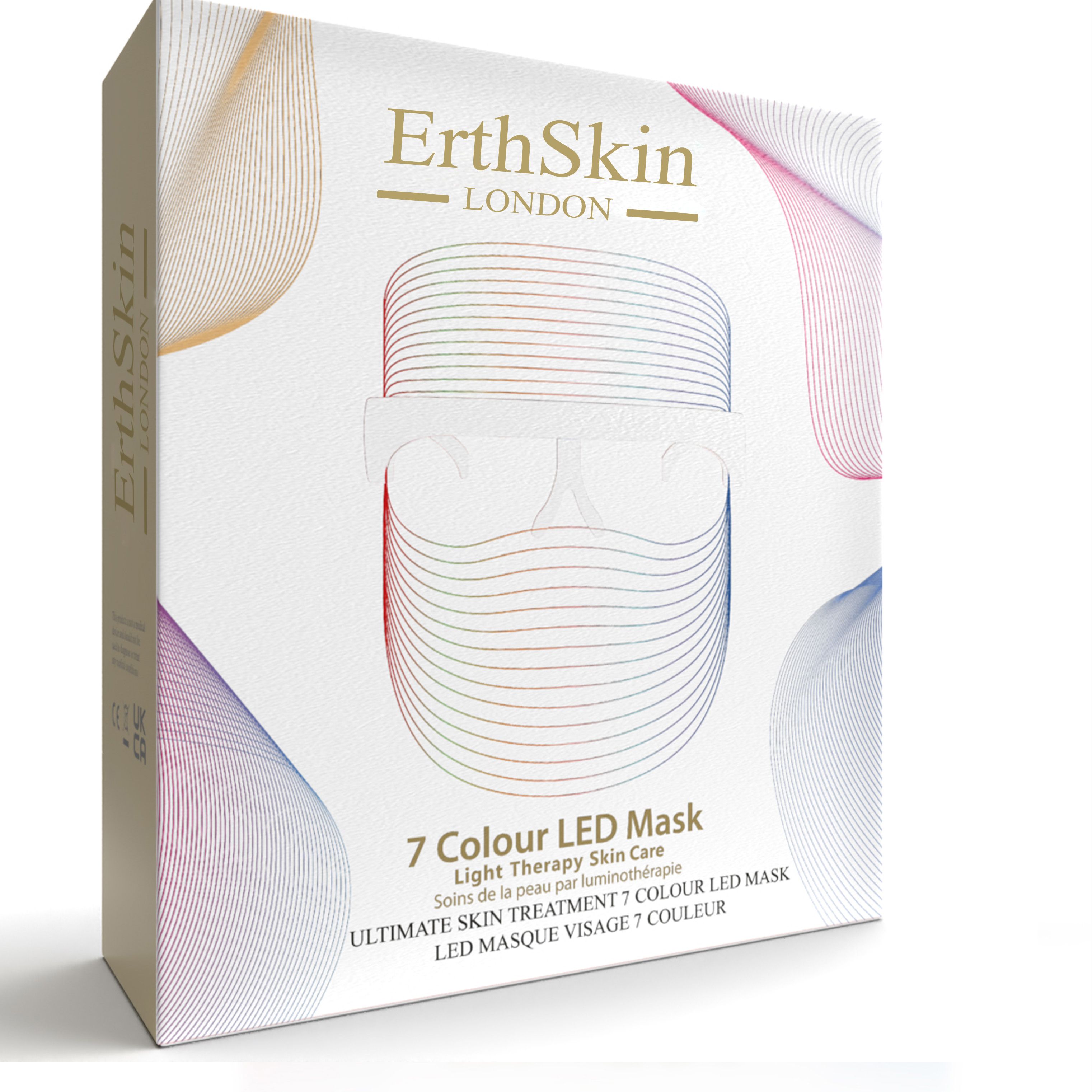 Confezione con maschera LED. Scritta: ErthSkin London, 7 Colour LED Mask. Maschera rappresentata in prospettiva.
