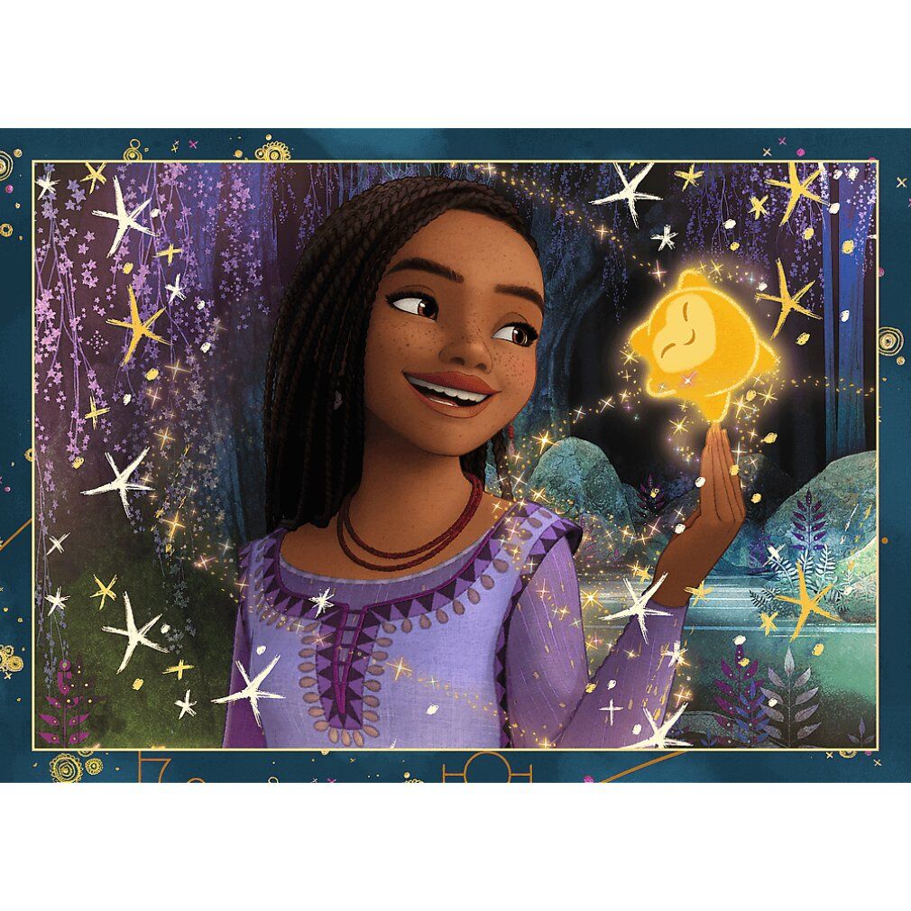 Immagine di un puzzle che mostra una giovane donna con trecce che tiene in mano un oggetto giallo brillante. Stelle e ambiente viola scuro.