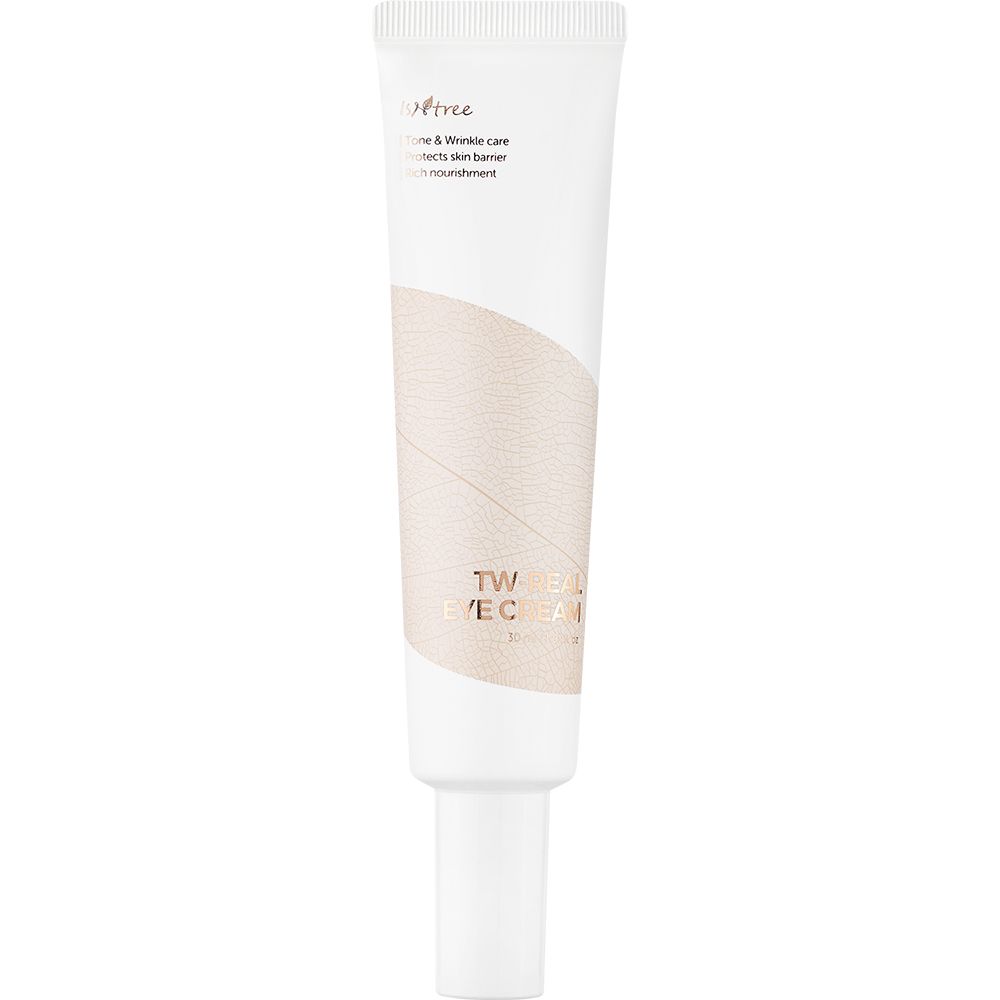 Tubo bianco con scritta TW REAL EYE CREAM. Striscia beige. Marchio Isntree. Cura occhi.