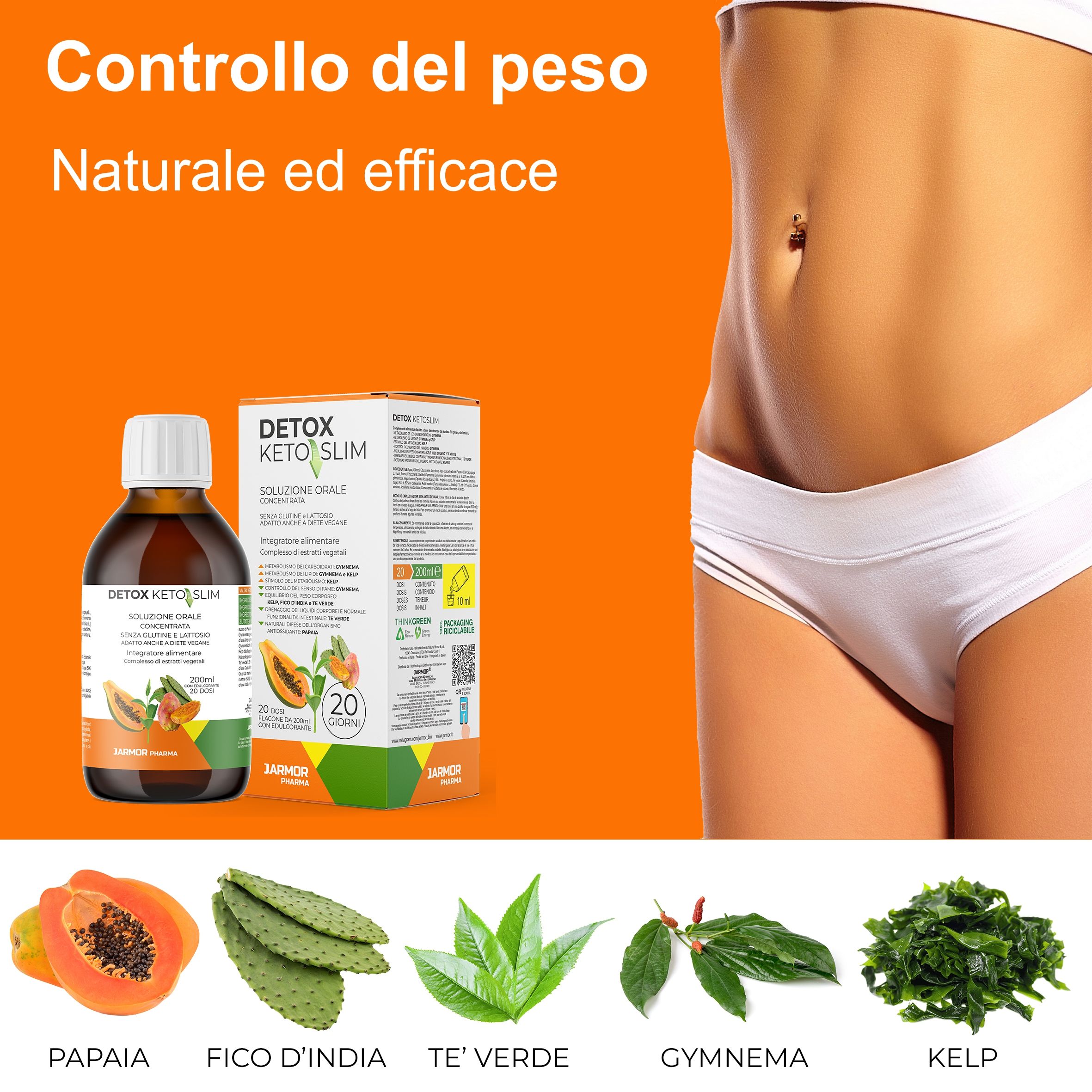Pancia di una donna. Confezione di Detox Keto Slim. Papaia, fico d'India, tè verde, Gymnema e alga kelp.