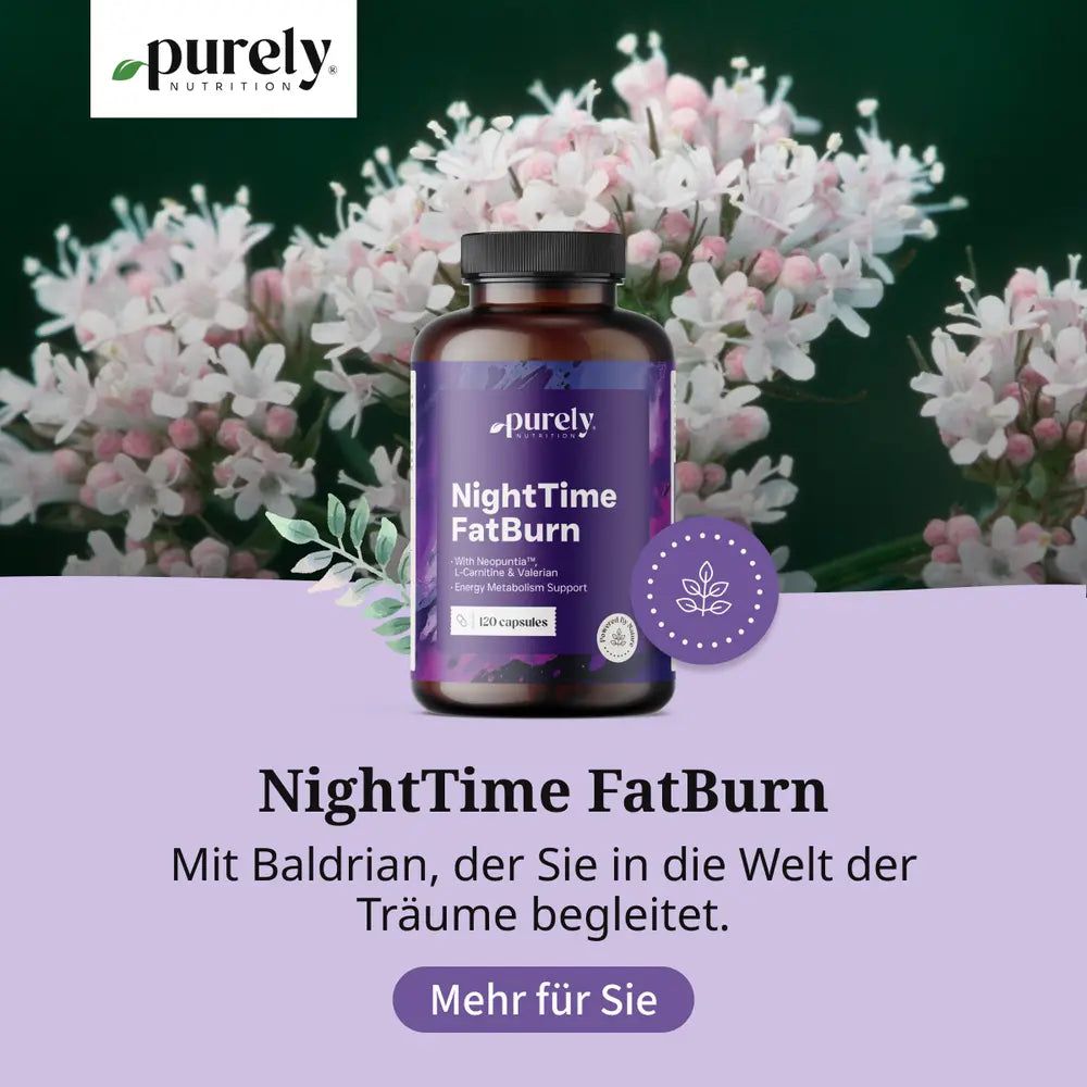 Pubblicità. Flacone NightTime FatBurn. Testo: Con valeriana, per sogni d'oro. Sfondo: Fiori.