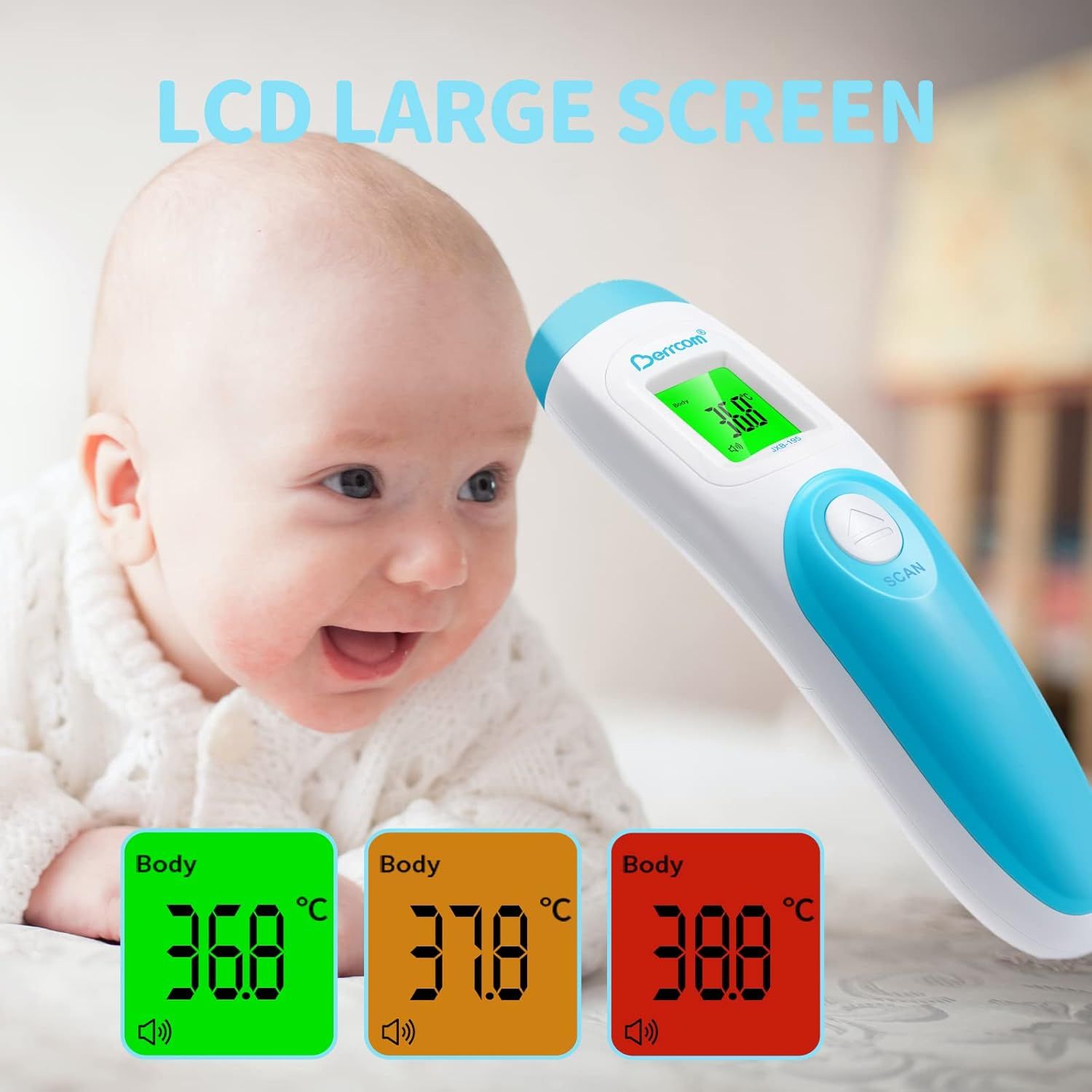 Termometro con ampio schermo LCD. Bambino sullo sfondo. Visualizzazioni della temperatura in verde, arancione e rosso.