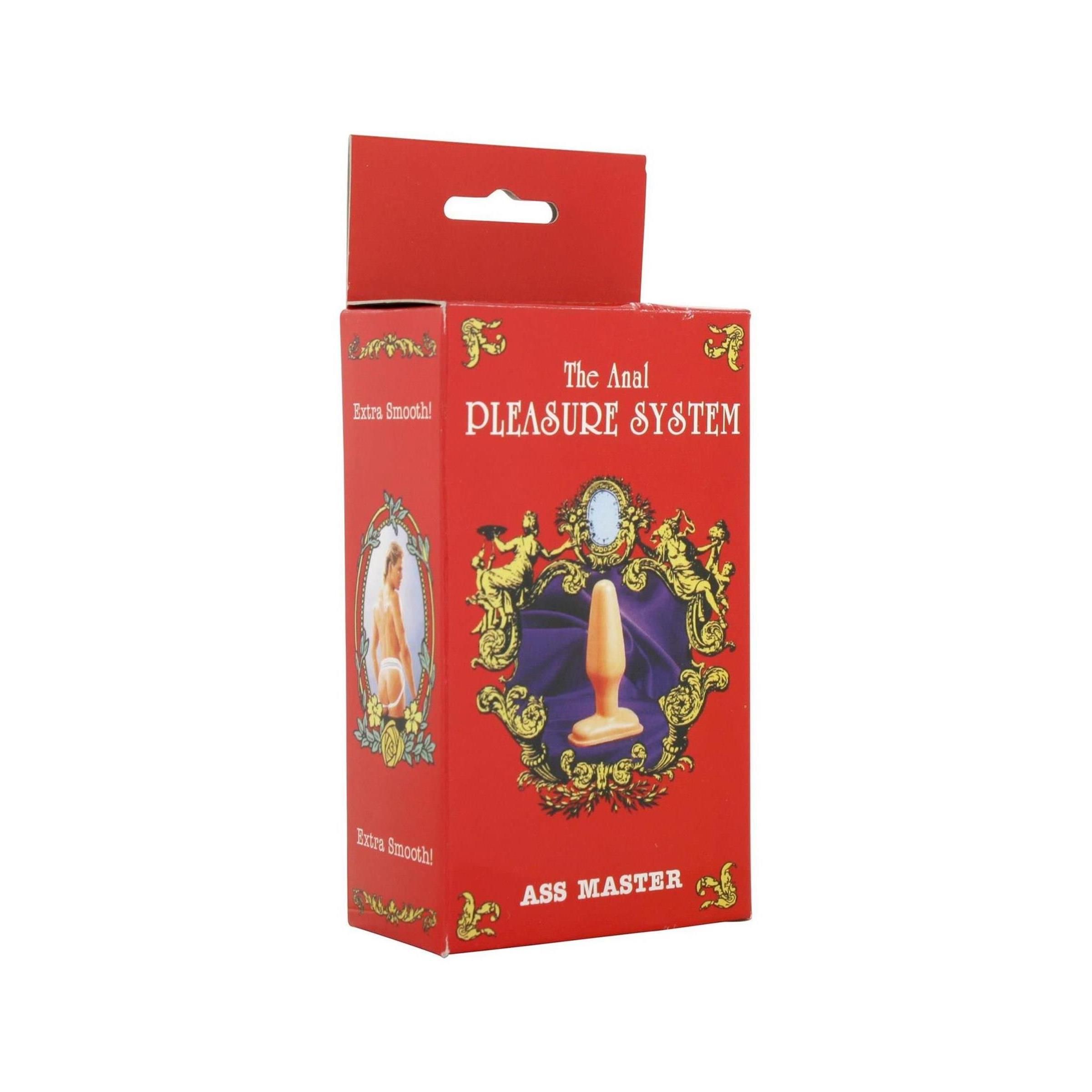 Confezione rossa con nome del prodotto e illustrazione. Scritta: The Anal Pleasure System, Ass Master. Illustrazione del prodotto.