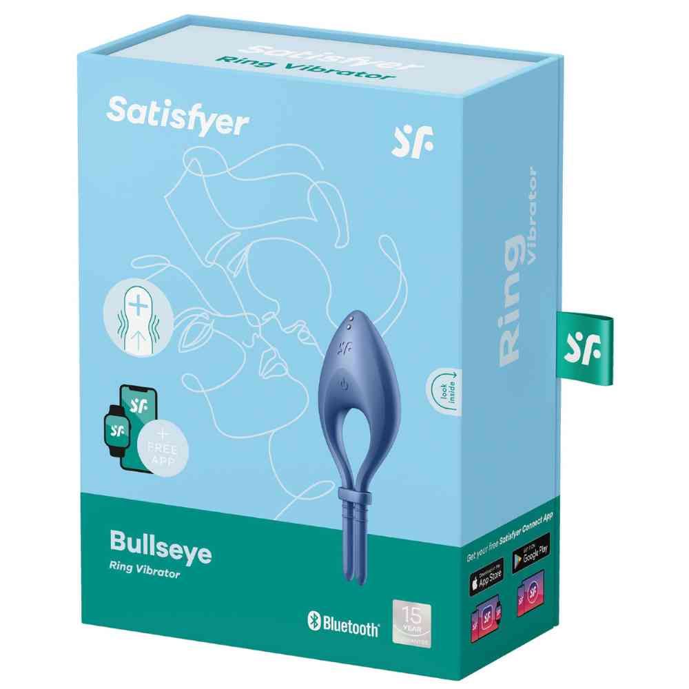Vibratore ad anello blu in confezione. Marchio: Satisfyer. Scritta: Bullseye Ring Vibrator. Logo Bluetooth.