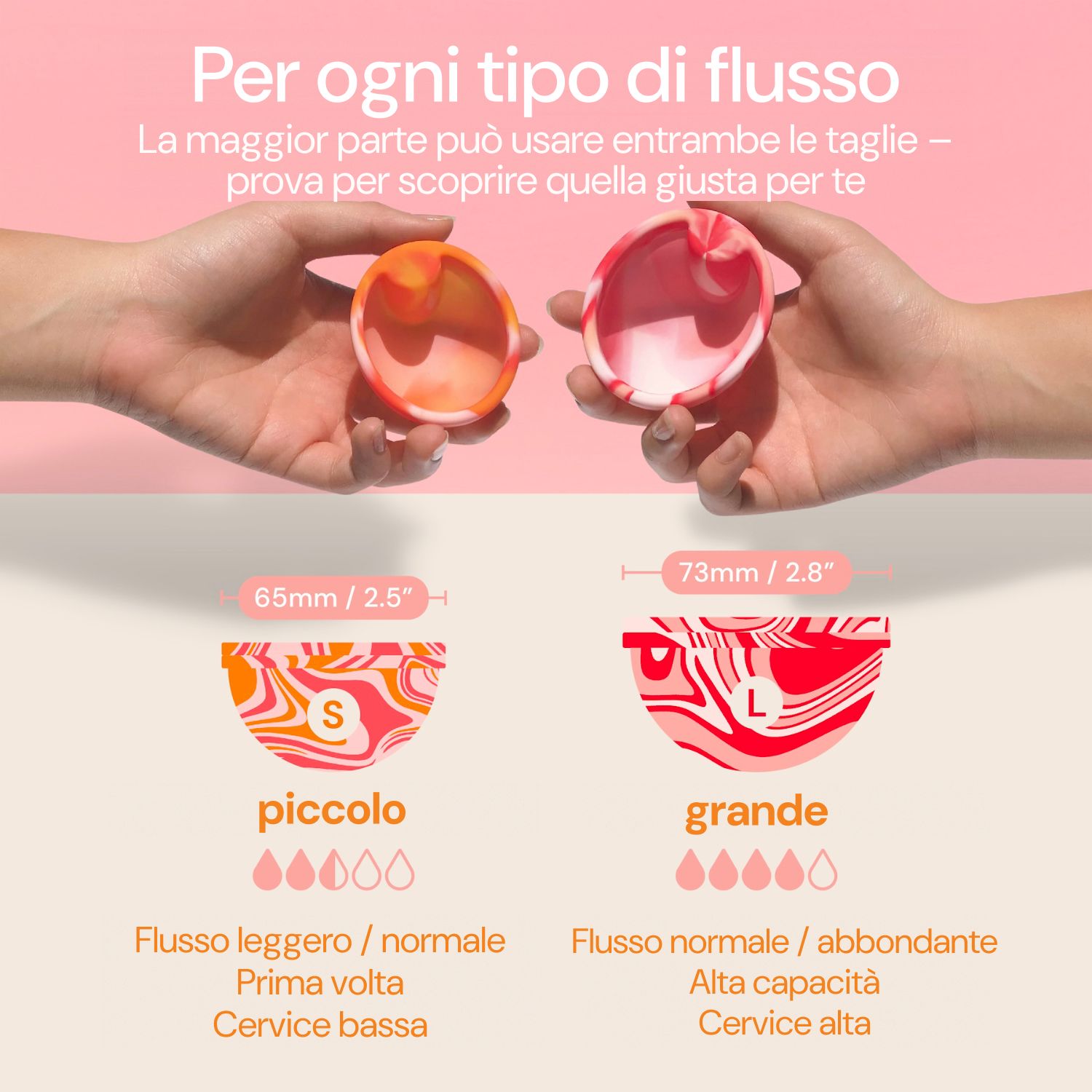 Due dischi mestruali, taglie S e L, tenuti in mano. I dischi sono nei toni del rosa e dell'arancione con un motivo a vortice.