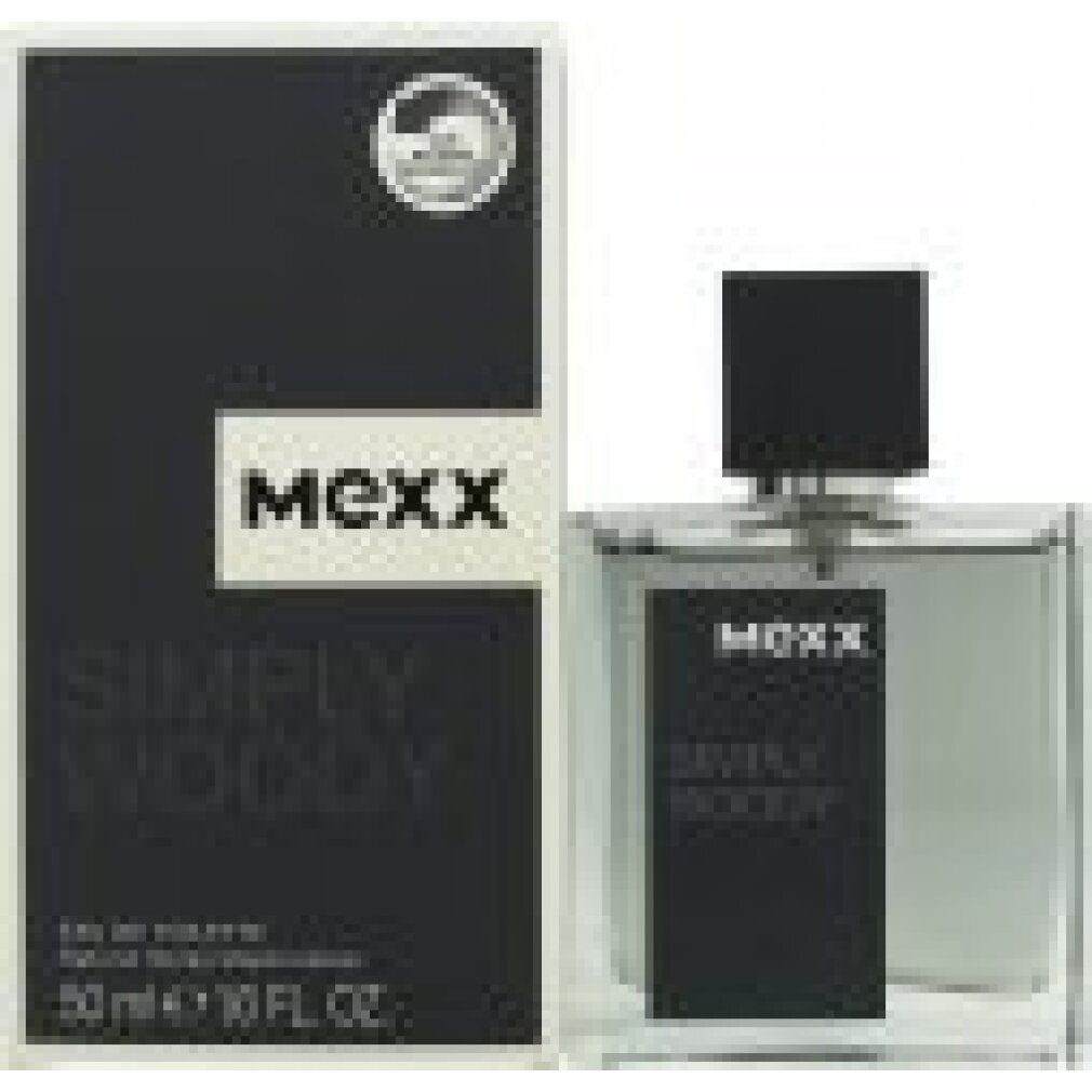 Mexx Simply Woody Eau de Toilette. Flacone e confezione. Tappo nero, flacone rettangolare. Confezione nera con logo bianco.
