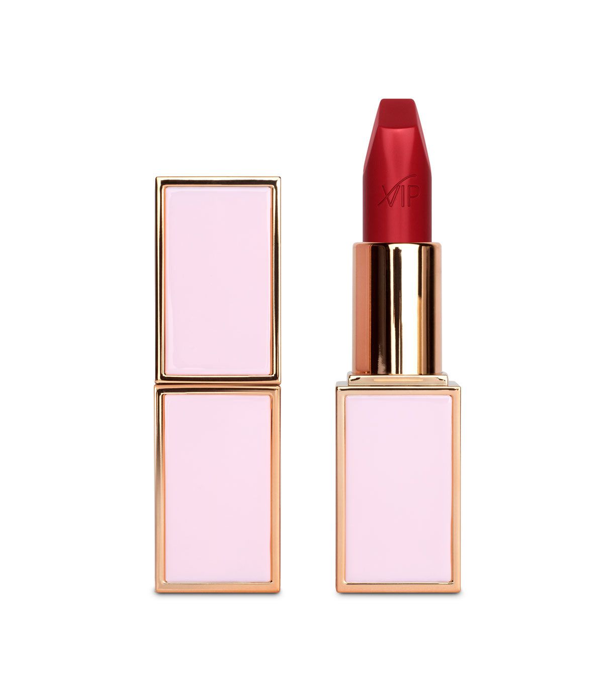 Rossetto rosso con astuccio dorato e cappuccio rosa pallido.