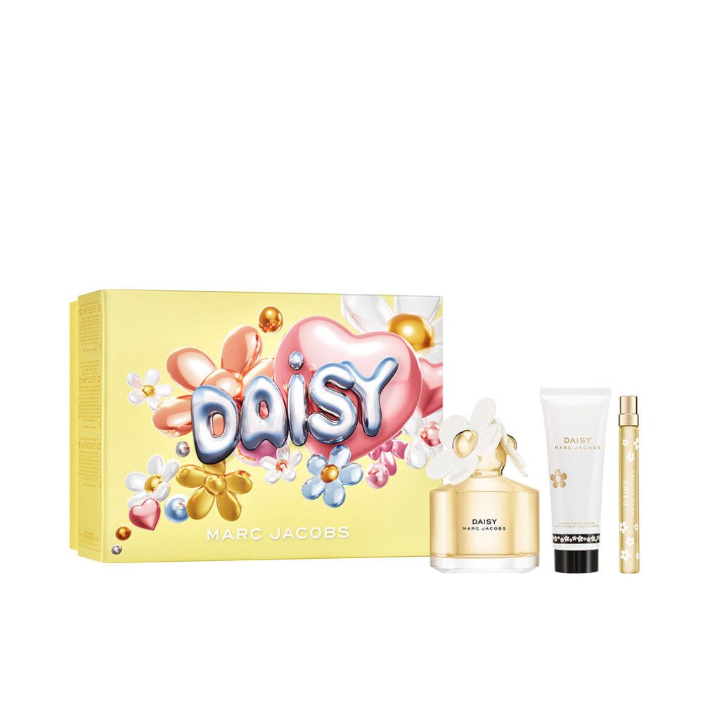 Set regalo con scatola gialla, flacone, miniatura e tubo. Scritta "DAISY" e "MARC JACOBS".