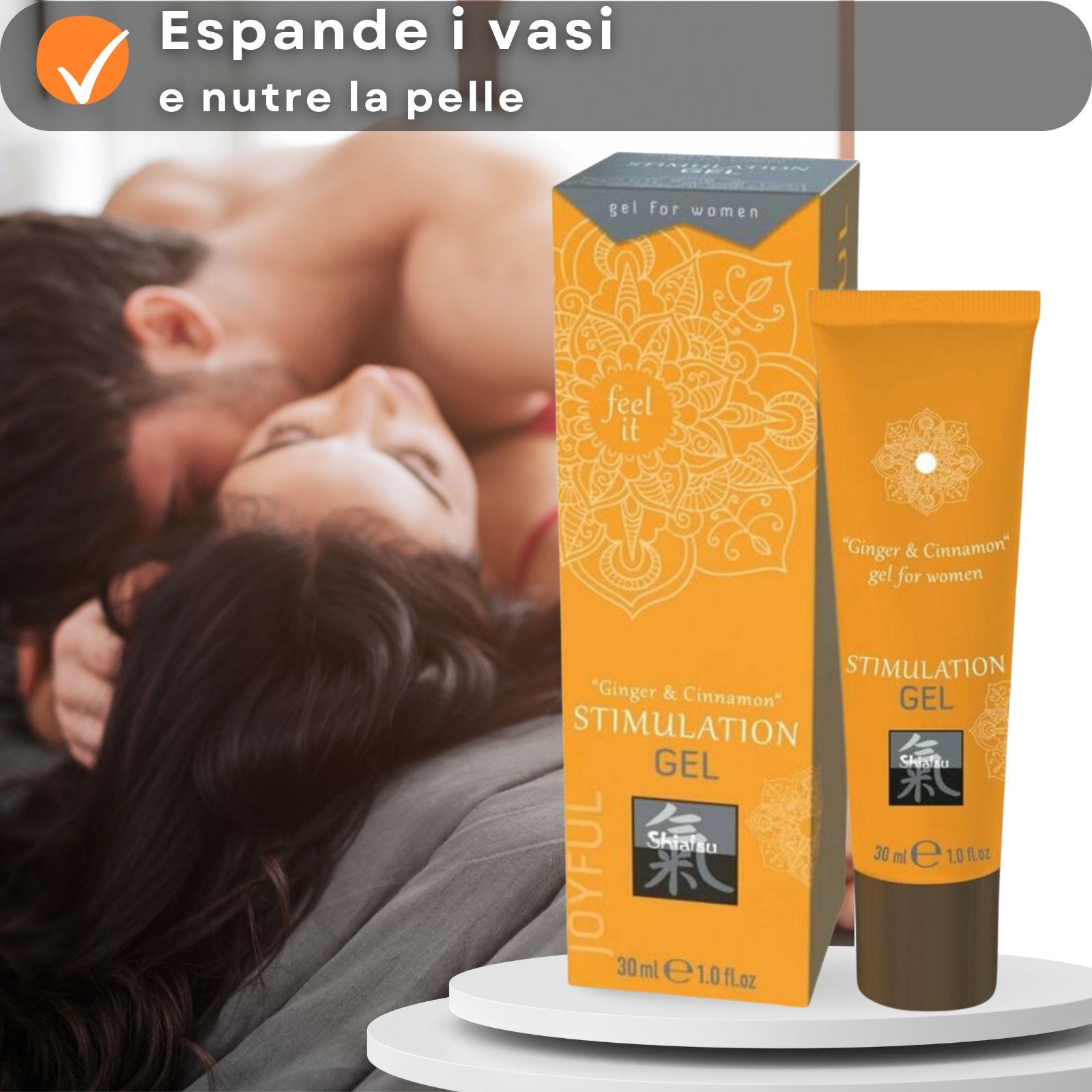 Tubo e confezione di gel. Scritto: Zenzero e Cannella. Marchio Shiatsu. Gel per donne. 30ml.