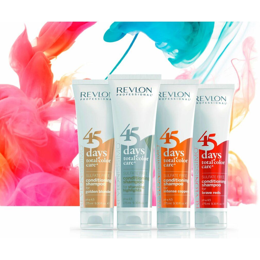 Quattro tubi. Scritta: Revlon Professional, 45 Days, total color care, Shampooing conditionneur. Colori: golden reds, mèches éclatantes, cuivrés intenses, brave reds.