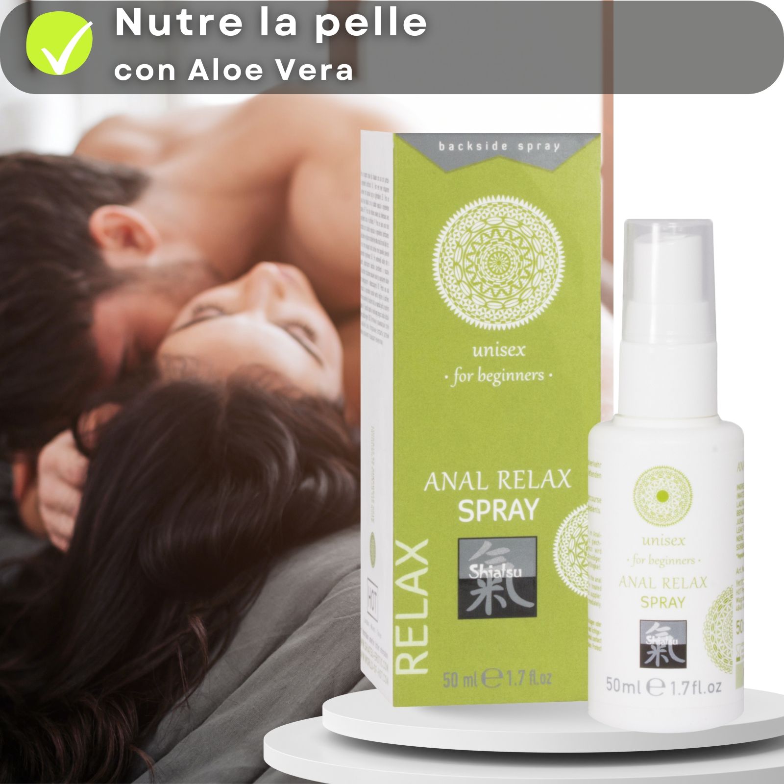 Prodotto e coppia. Confezione con testo. ANAL RELAX SPRAY, unisex, Shiatsu. 50 ml.