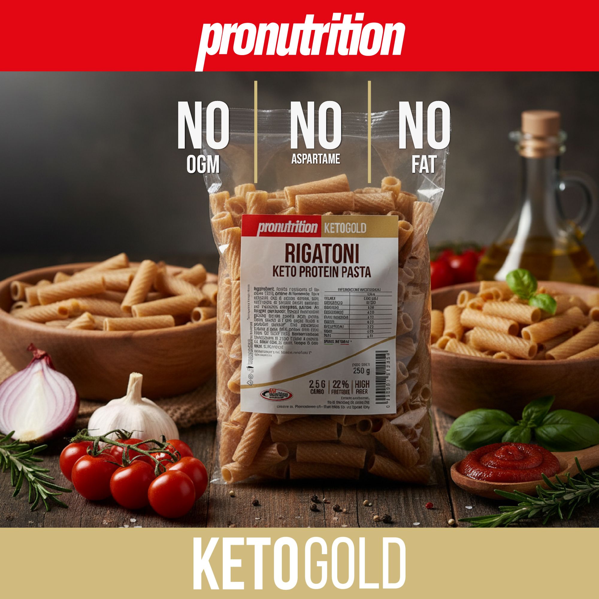 Confezione di pasta Rigatoni Keto Protein con verdure. Scritta: KetoGold. Marchio: Pronutrition. No OGM, aspartame, grassi.
