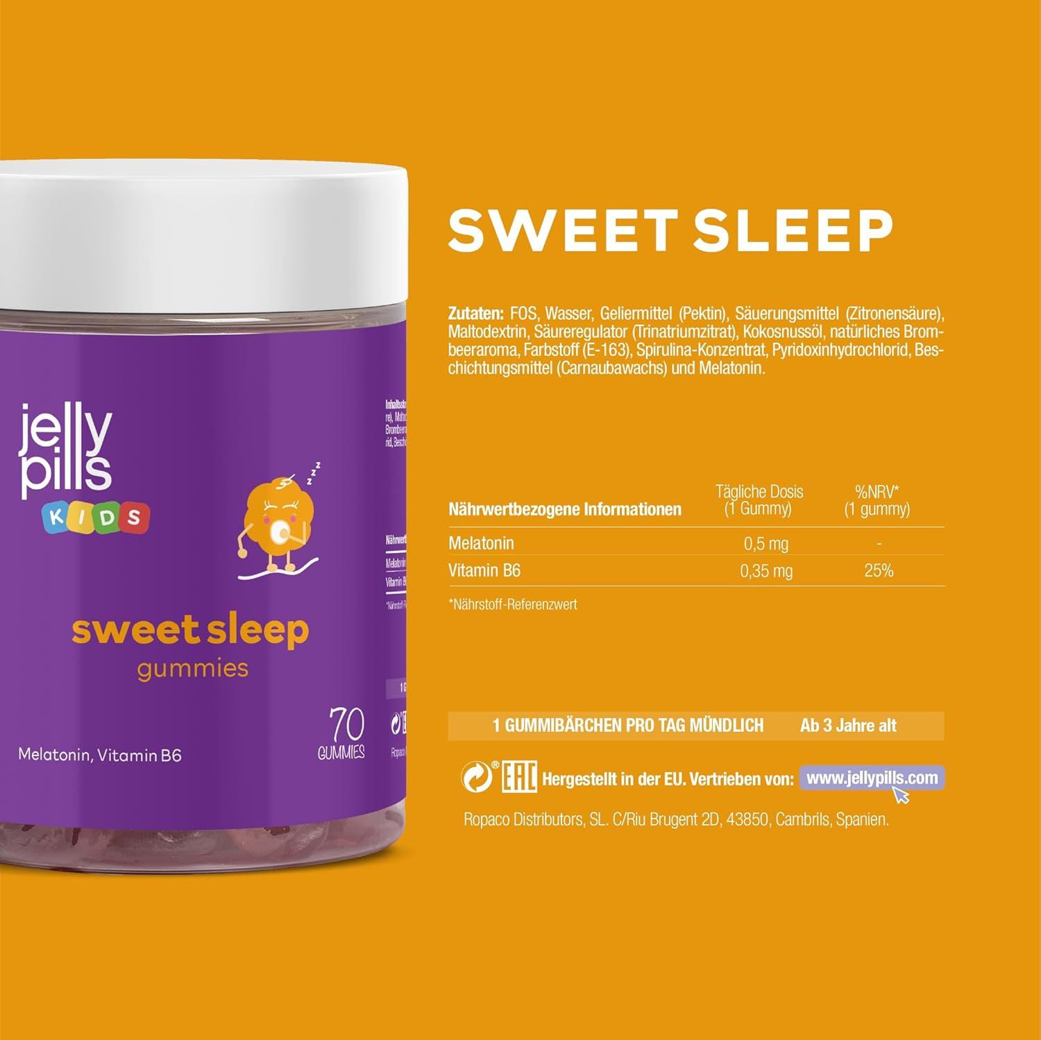 Barattolo Jelly Pills. Scritta: Sweet Sleep Gummies. 70 caramelle gommose. Ingredienti e informazioni nutrizionali. Indirizzo del sito web.