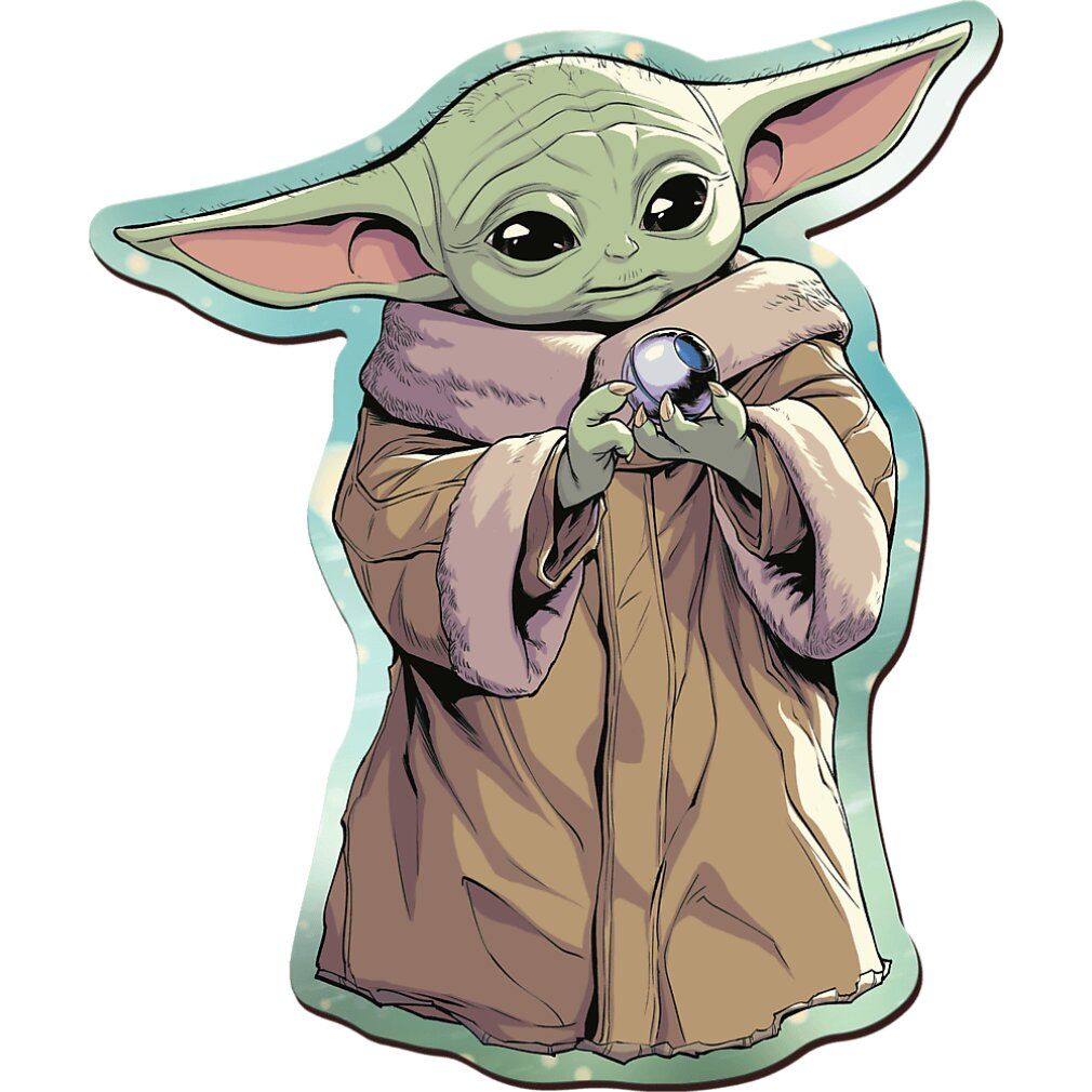 Puzzle Grogu sagomato. Puzzle chiaro con illustrazione di Grogu. Sfondo con cielo.