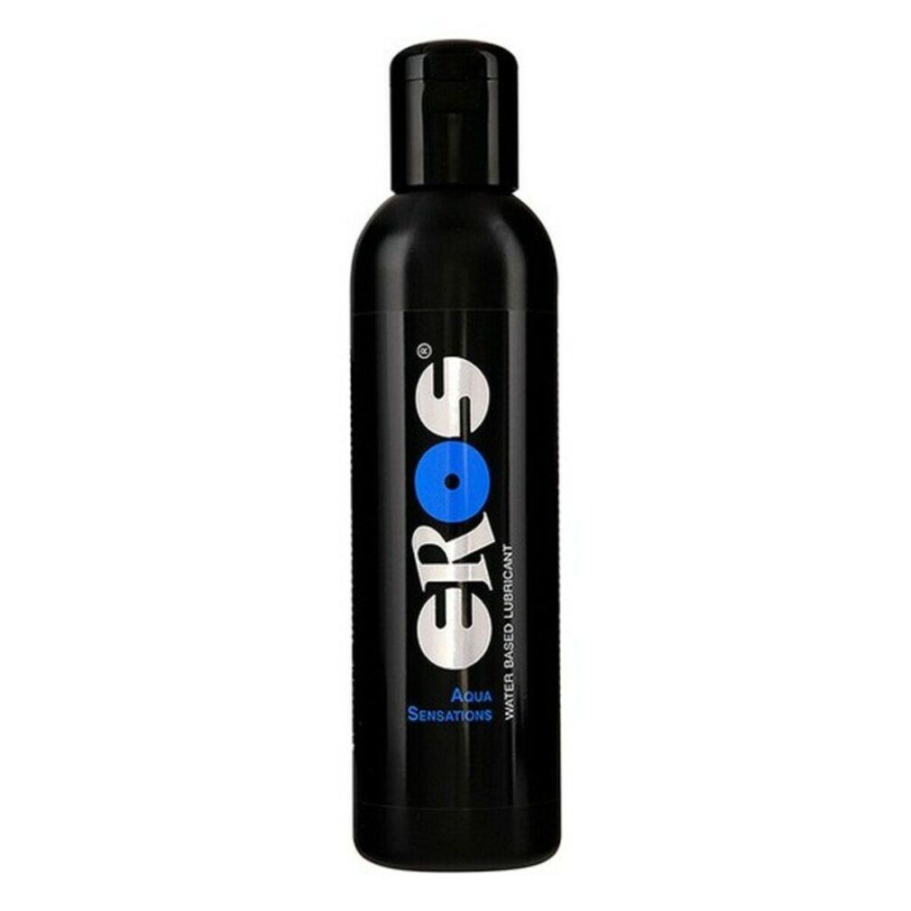 Flacone nero con tappo a ribalta. Scritta EROS, Aqua Sensations e Water Based Lubricant.