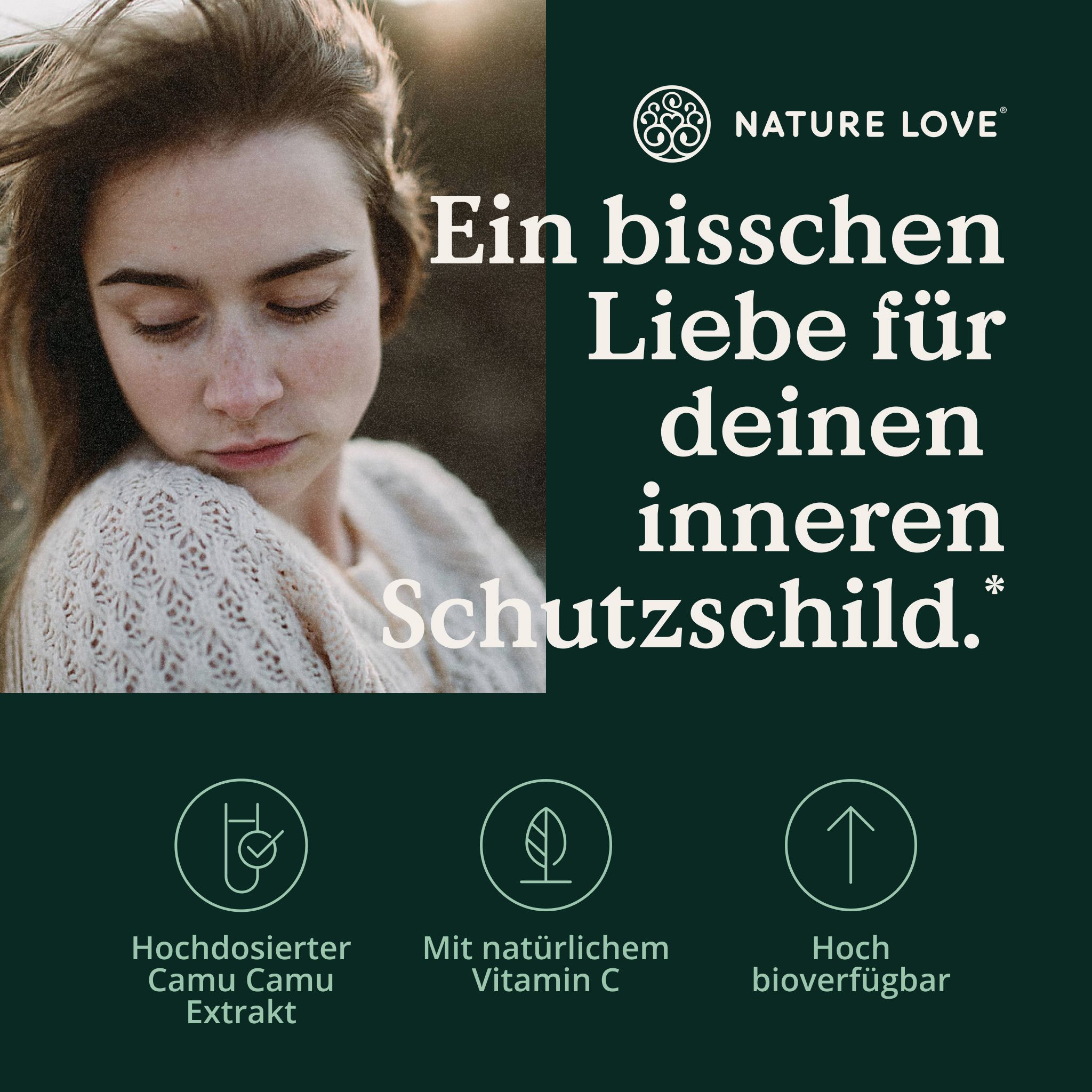 Donna con occhi chiusi, circondata da testo e icone che indicano Vitamina C da estratto di Camu Camu.