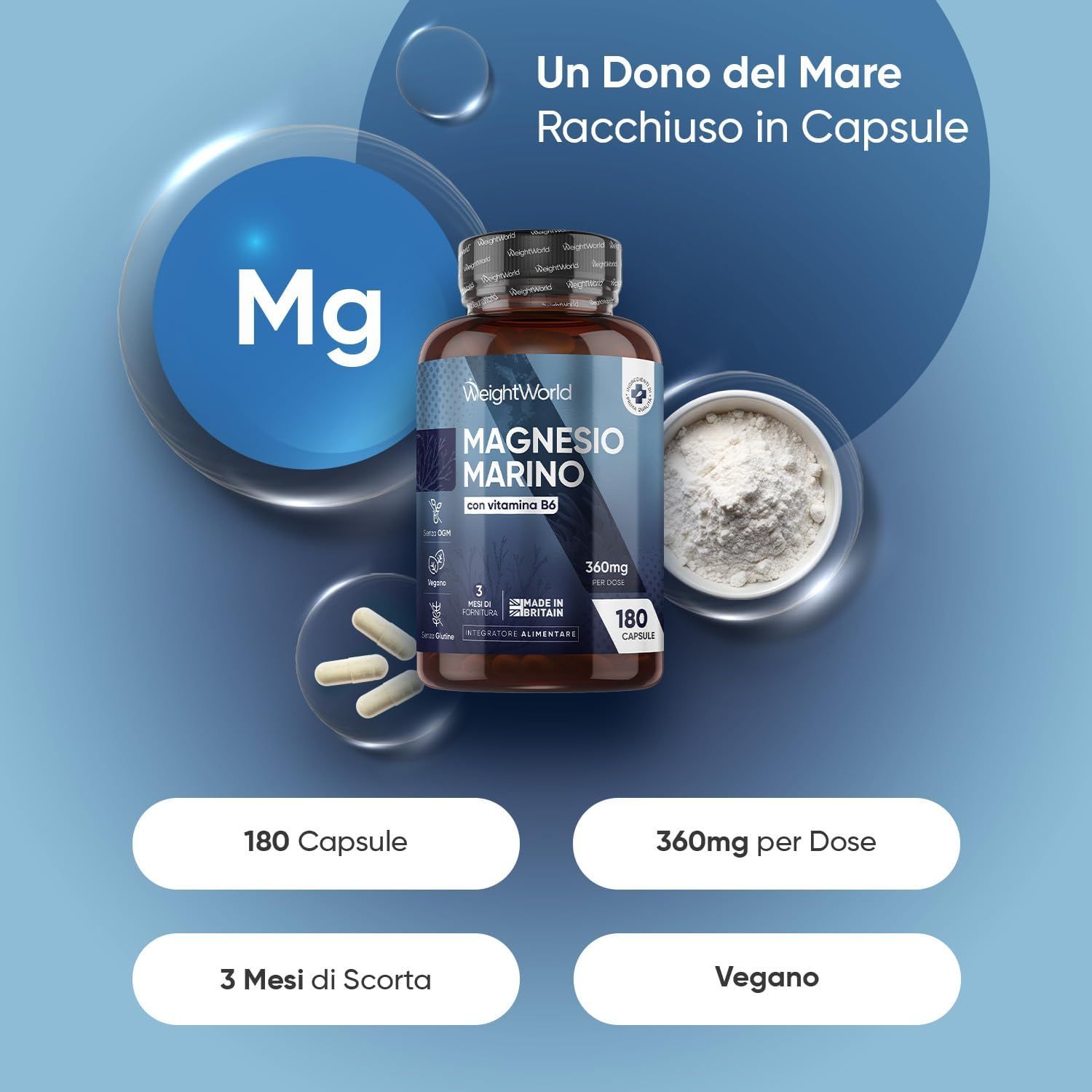 Flacone di Magnesium Marino con capsule. Testo: 180 capsule, 360mg per dose, 3 mesi di scorta, Vegano.