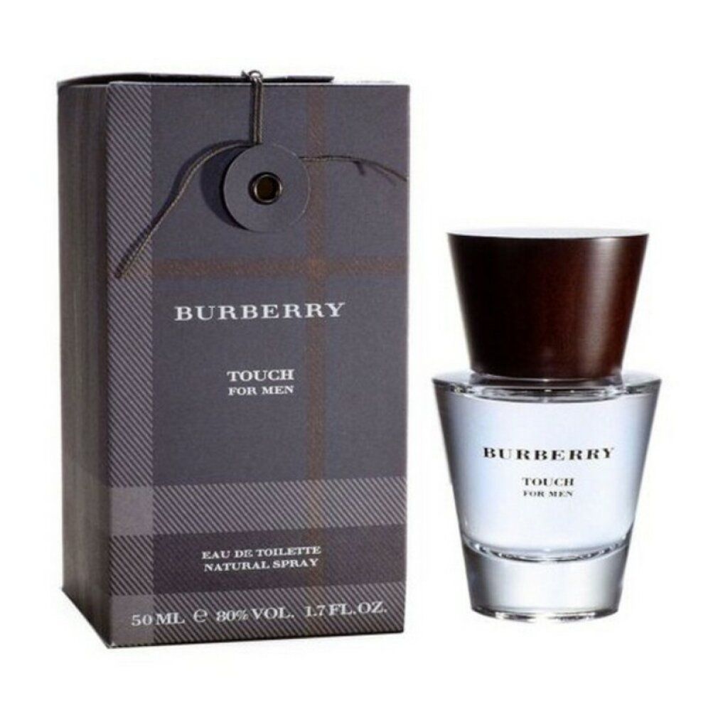 Burberry Touch for Men Eau de Toilette Spray. Flacone e confezione. Confezione grigia con motivo a quadri. Nome del prodotto e logo visibili.