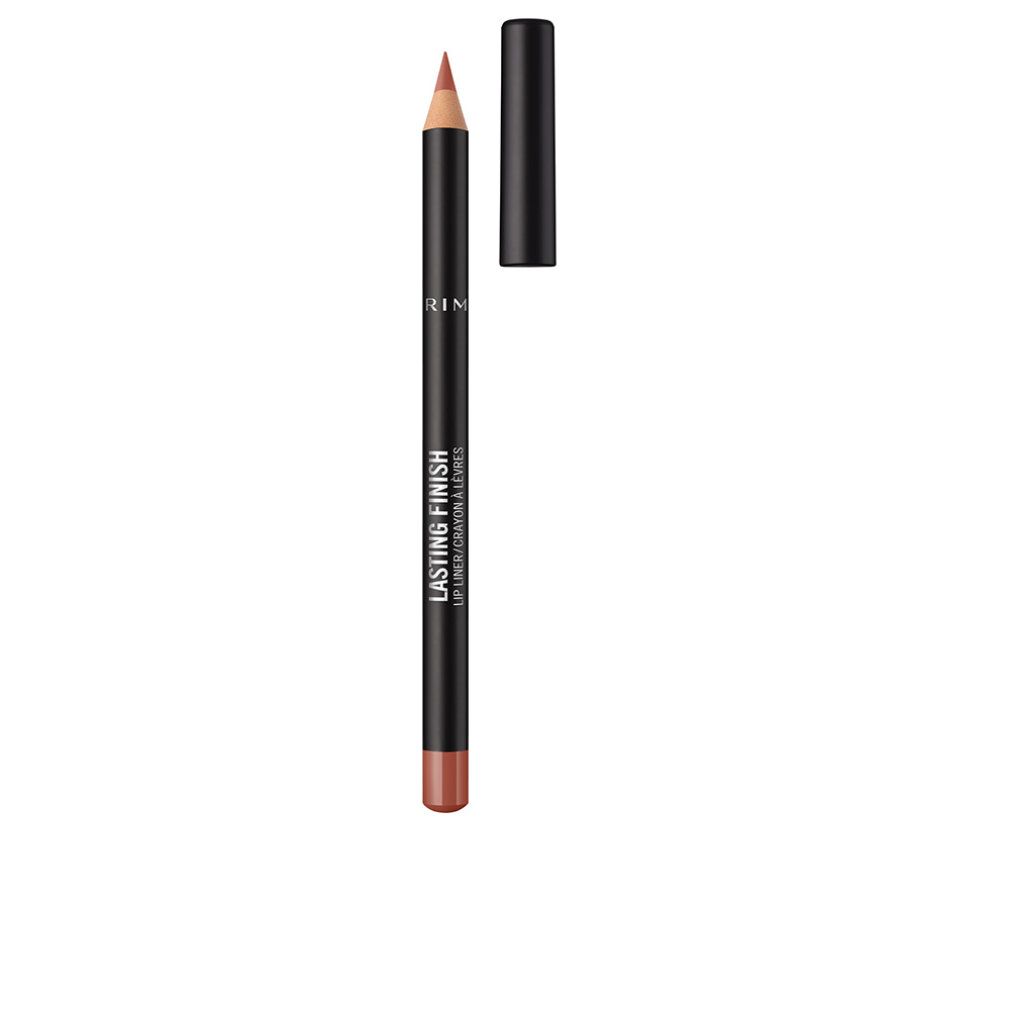 Matita labbra Rimmel London Lasting Finish. Fusto nero, mina marrone e cappuccio rimosso. Testo: Lasting Finish, Lip Liner/Crayon à Lèvres.