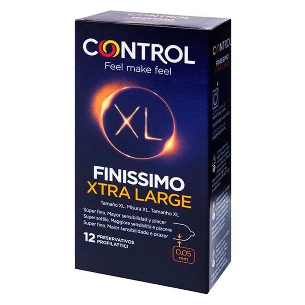 Confezione di profilattici CONTROL FINISSIMO XTRA LARGE. Contiene 12 pezzi. Con indicazione XL e marchio CE.