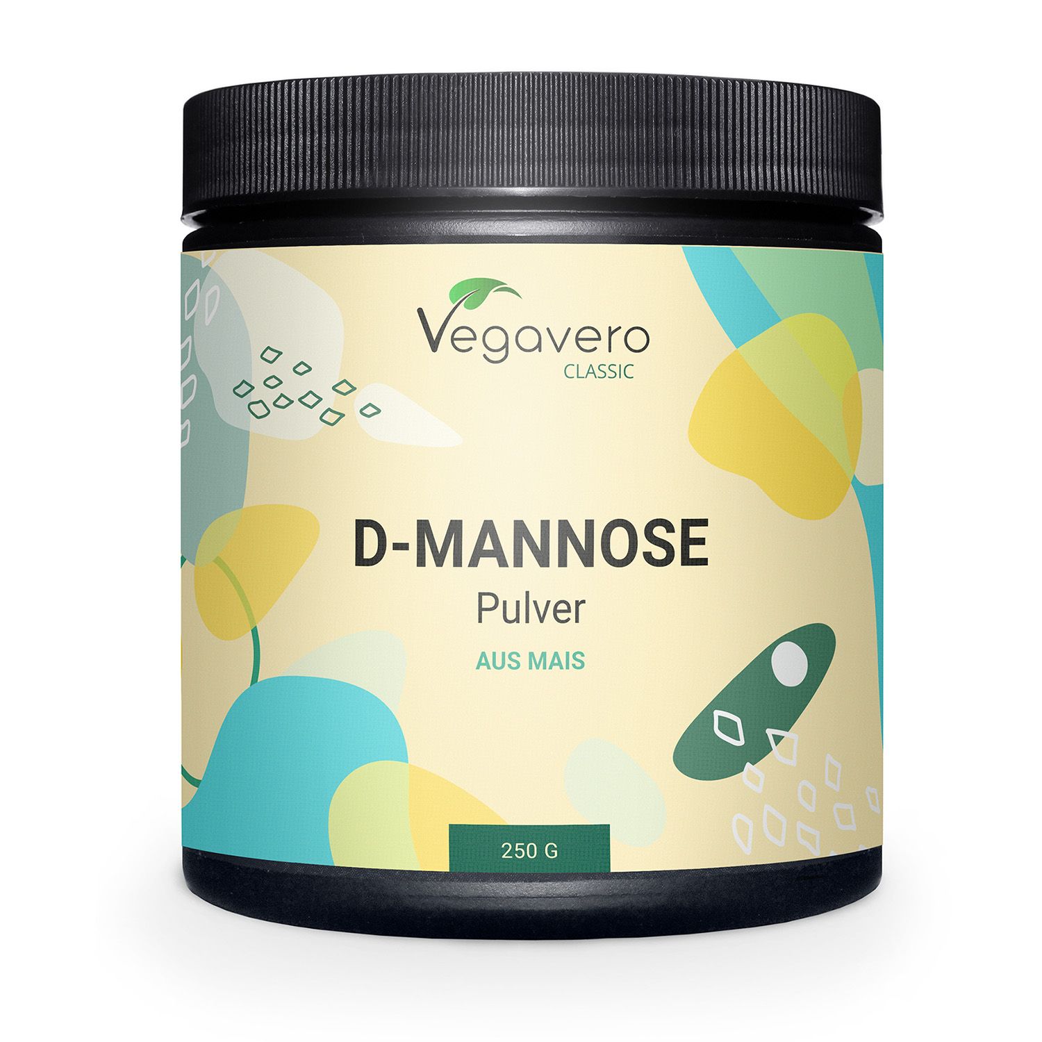 Barattolo nero con grafica giallo-blu e scritta D-Mannose Pulver. 250g. Marchio Vegavaro Classic.