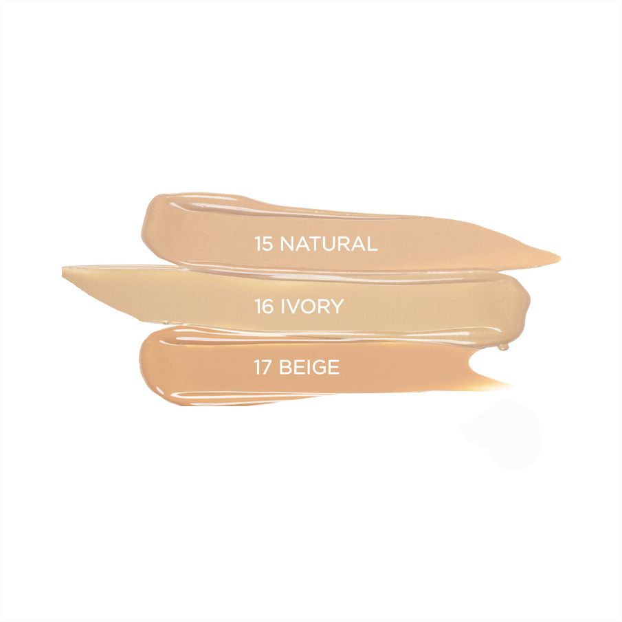 Tre campioni di correttore. Scritte: 15 Natural, 16 Ivory, 17 Beige.