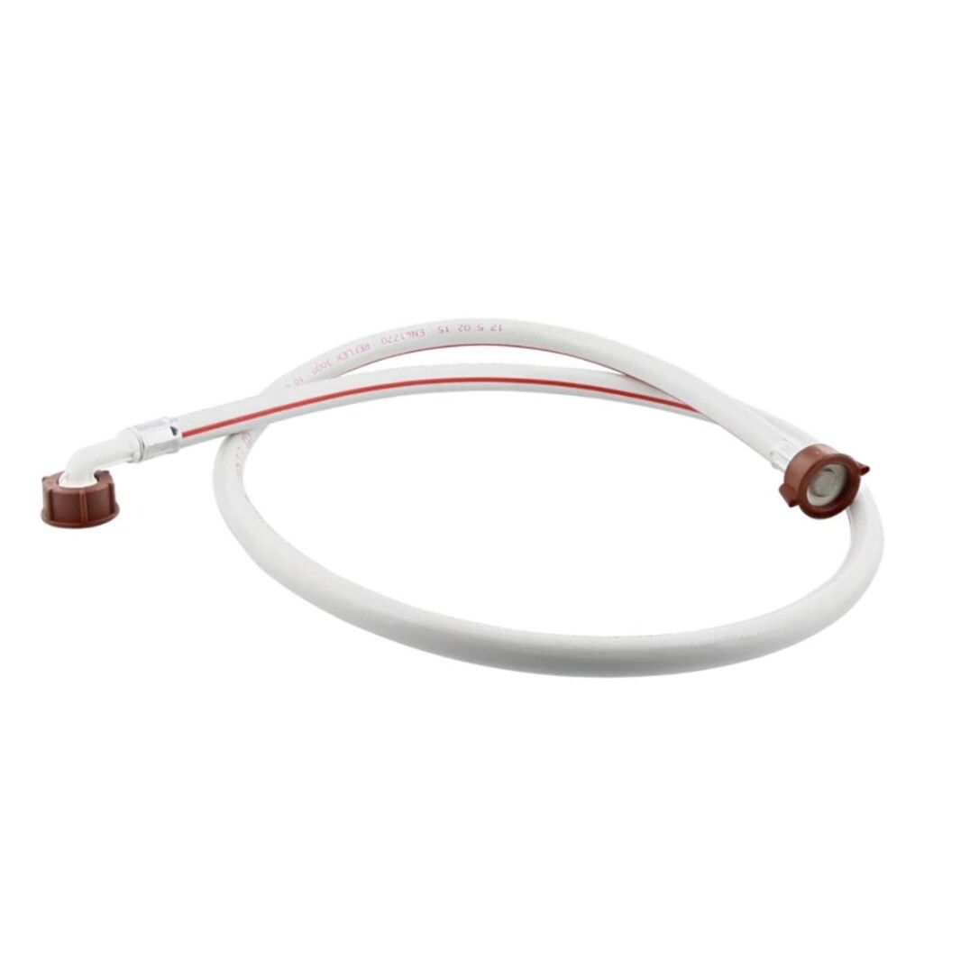 Tubo bianco con strisce rosse e raccordi marroni. Un'estremità è angolata.