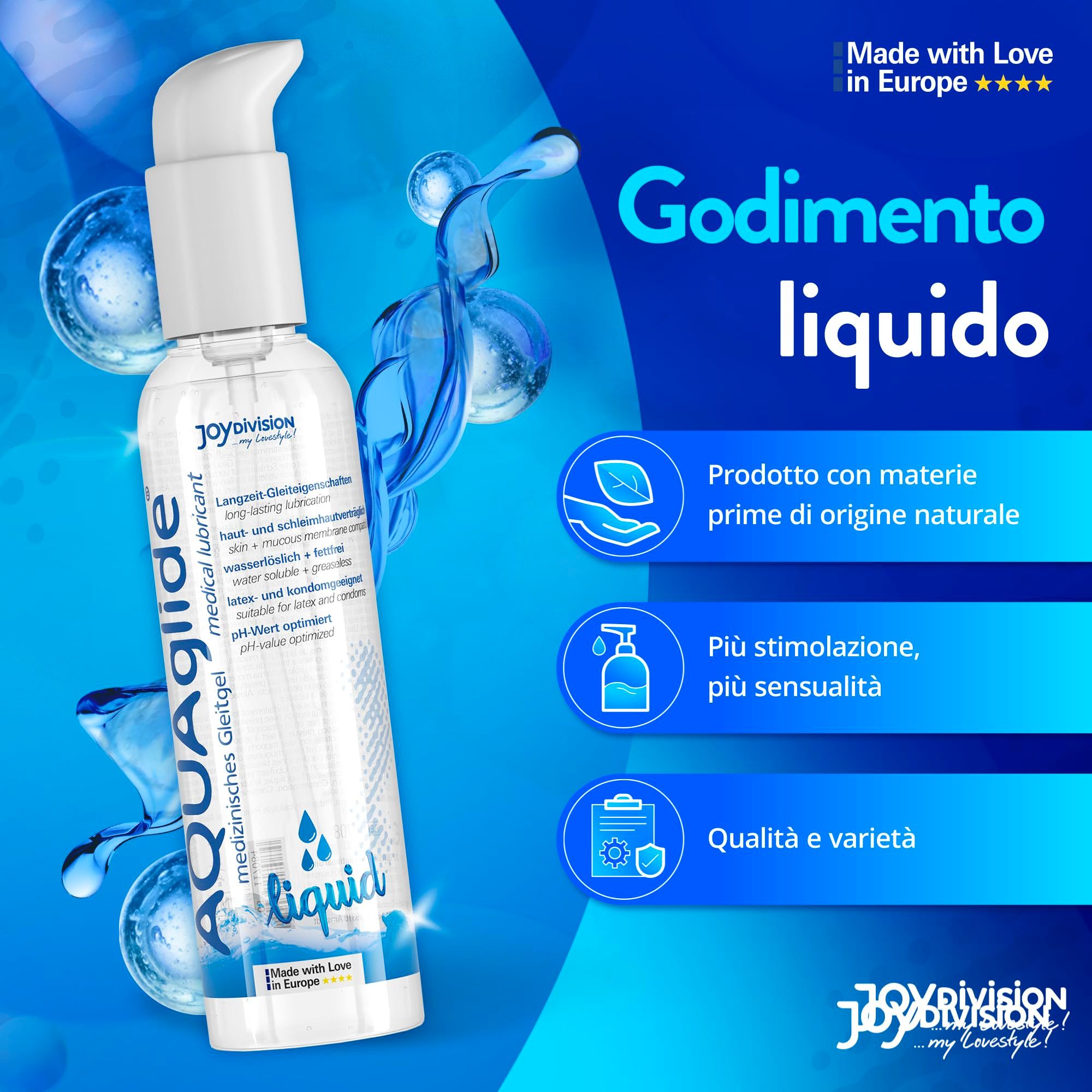 Lubrificante Joydivision AQUAglide Liquid, flacone da 250ml con dispenser a pompa, con icone per ingredienti naturali e qualità.