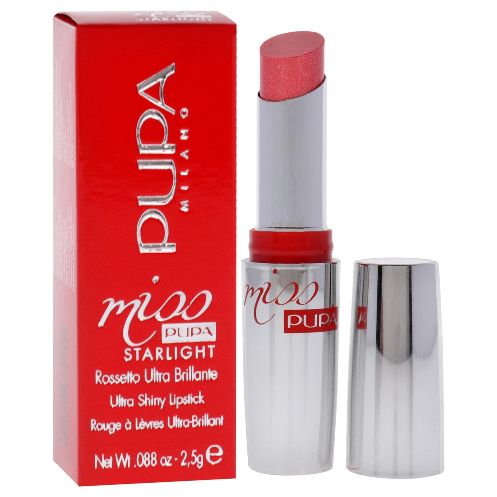 Pupa Miss Pupa Starlight Lipstick, un rossetto rosa brillante in astuccio argentato accanto a una confezione rossa.