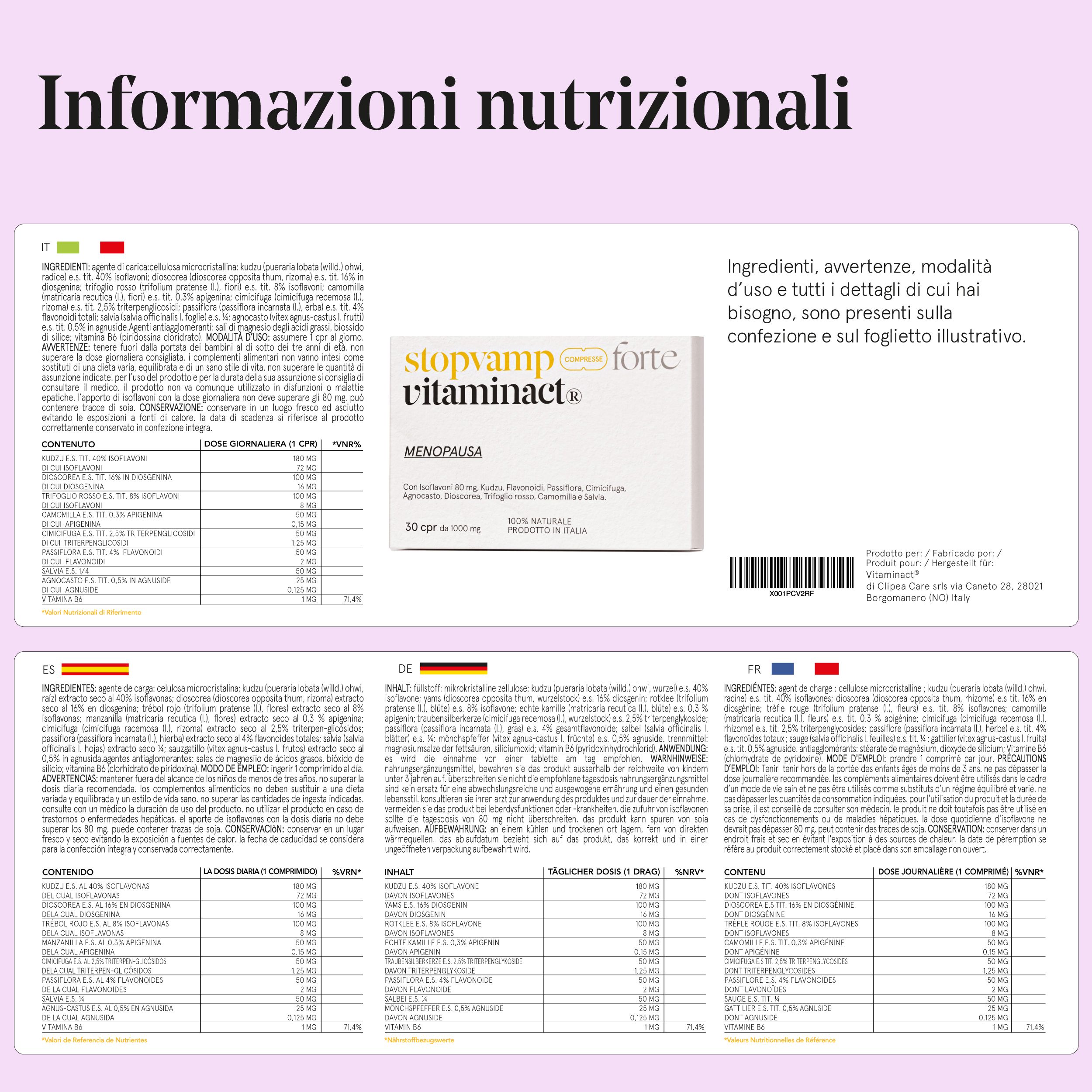 Infografica con informazioni nutrizionali. Contiene un'immagine della confezione del prodotto "stopvamp forte vitaminact".
