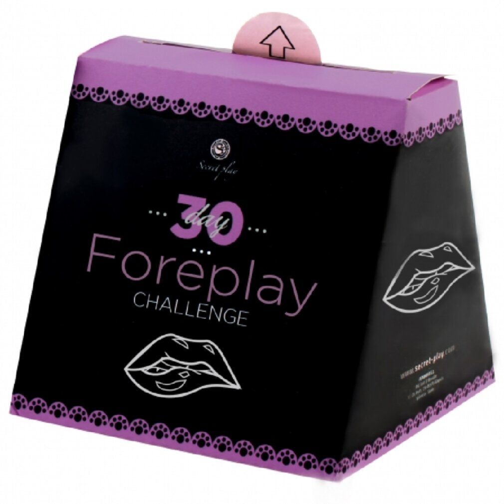 Scatola nera trapezoidale '30 Foreplay Challenge'. Coperchio viola con pizzo. Illustrazioni di labbra. Logo del marchio.