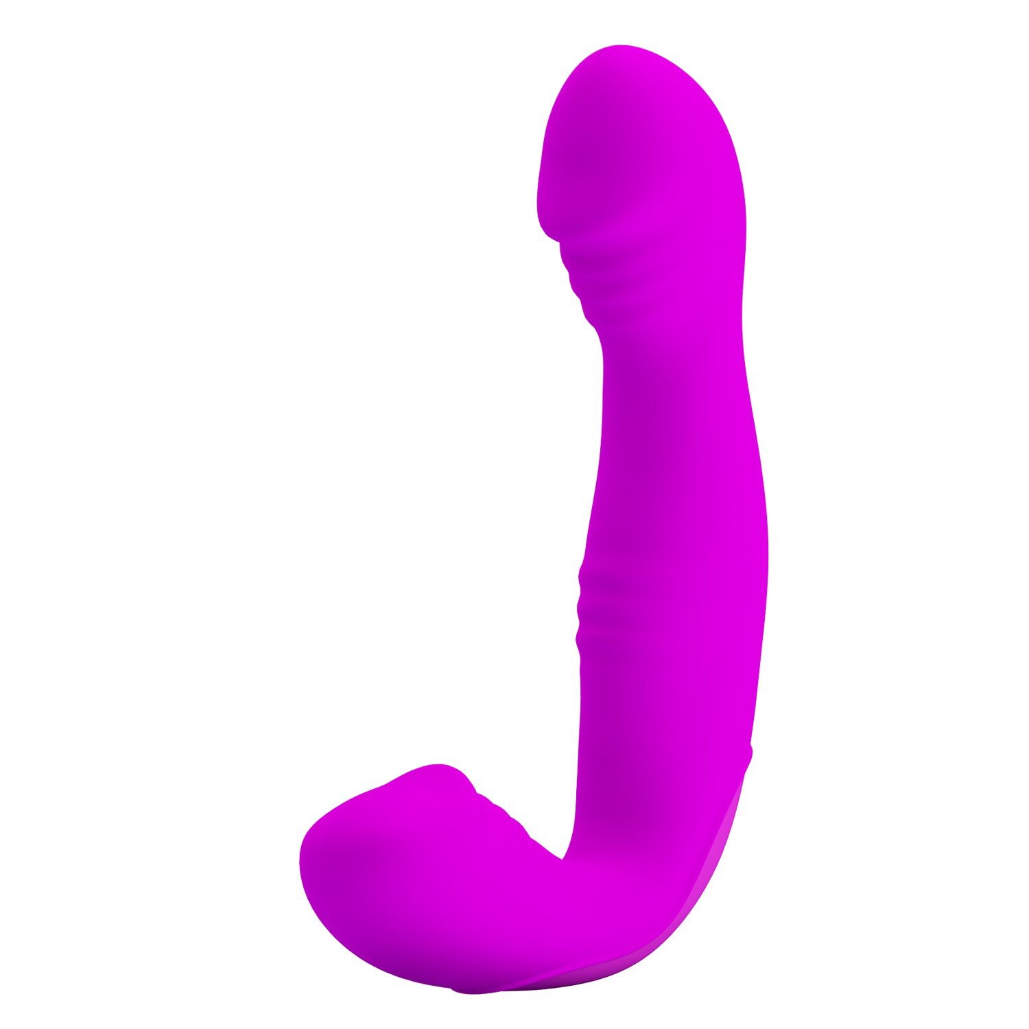 Vibratore viola a forma di J. Un'estremità arrotondata, l'altra allungata. Superficie liscia.